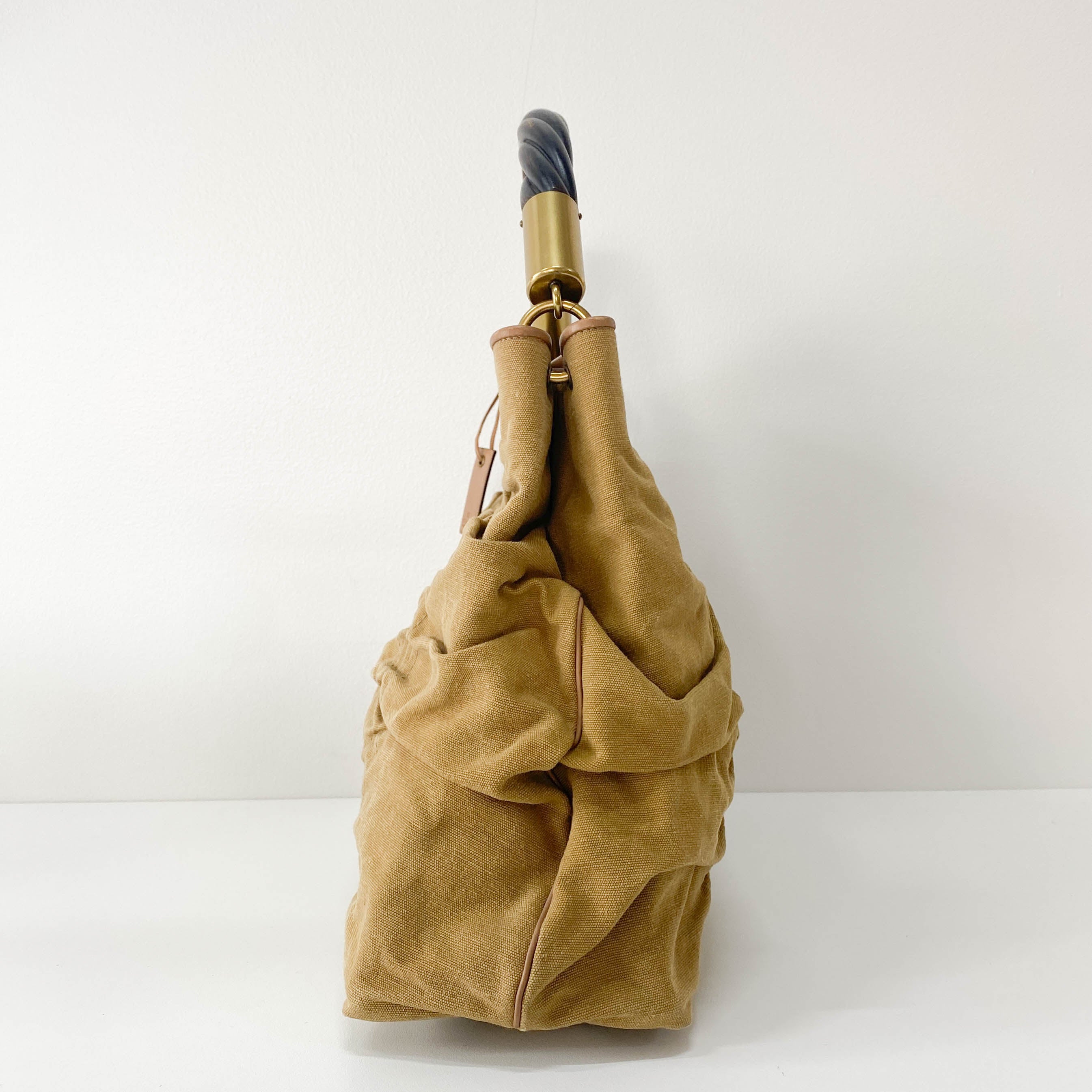 Khaki Brown Cotton Canvas with Interwined Wood Handle Bag