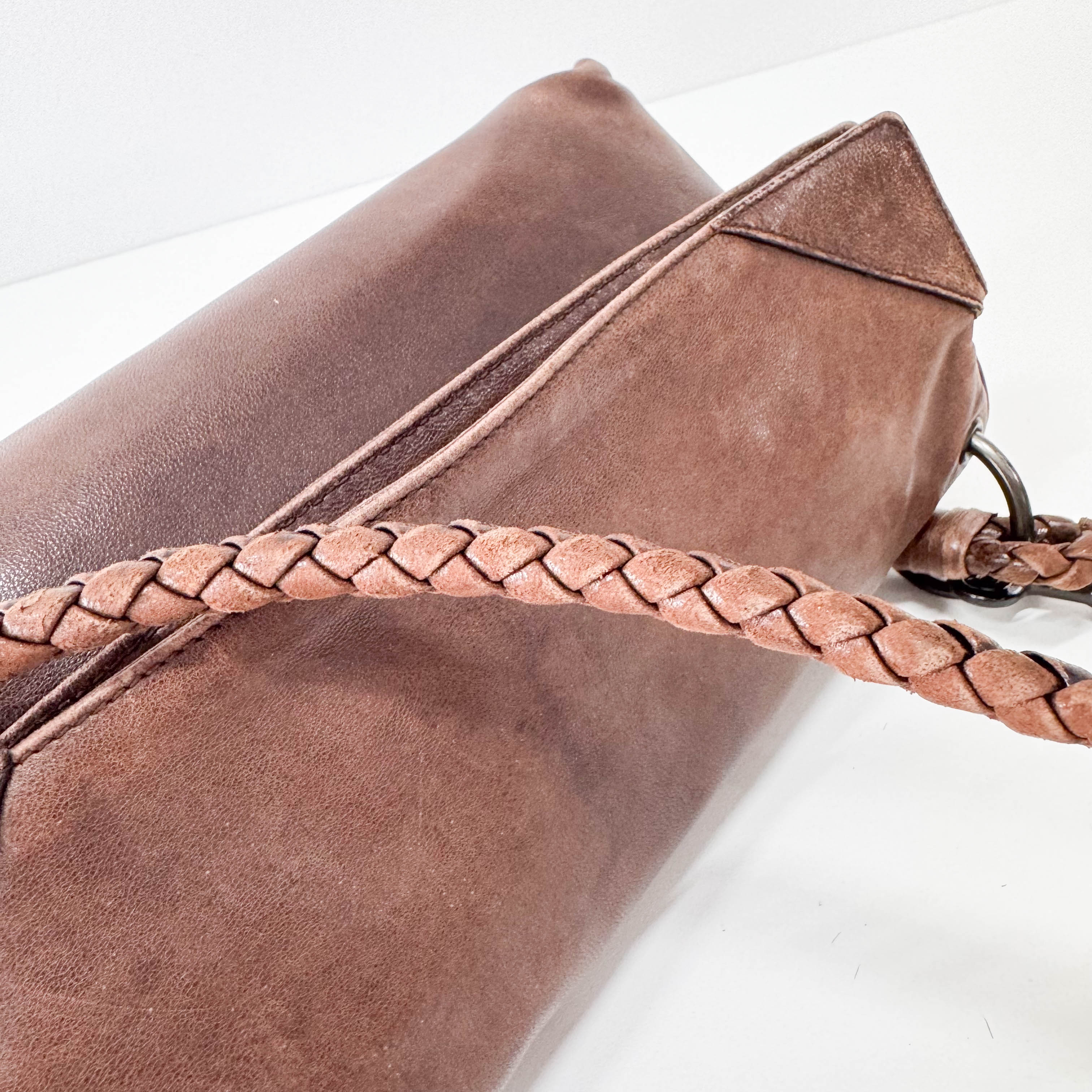 Brown Leather Intrecciato Strap Shoulder Bag