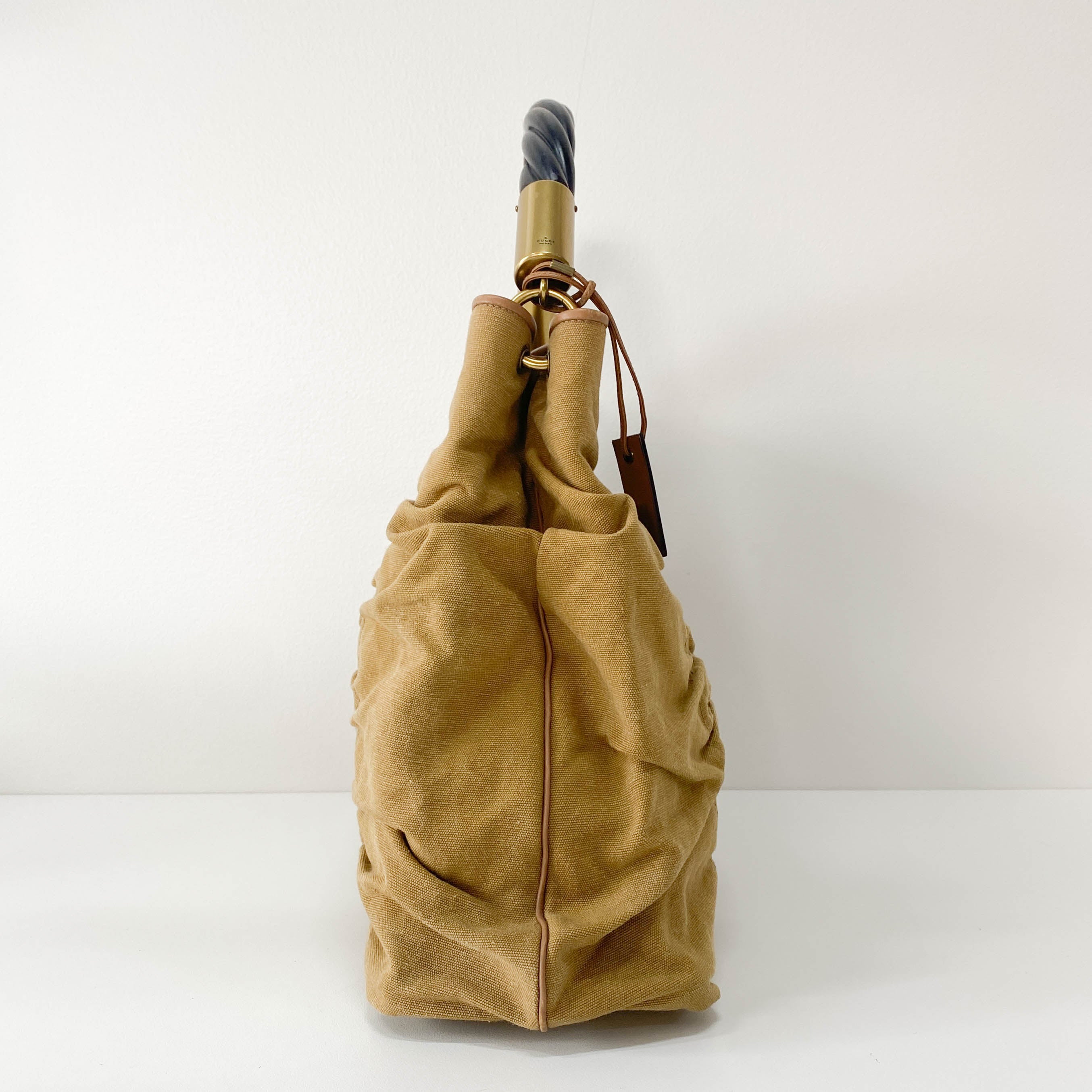 Khaki Brown Cotton Canvas with Interwined Wood Handle Bag
