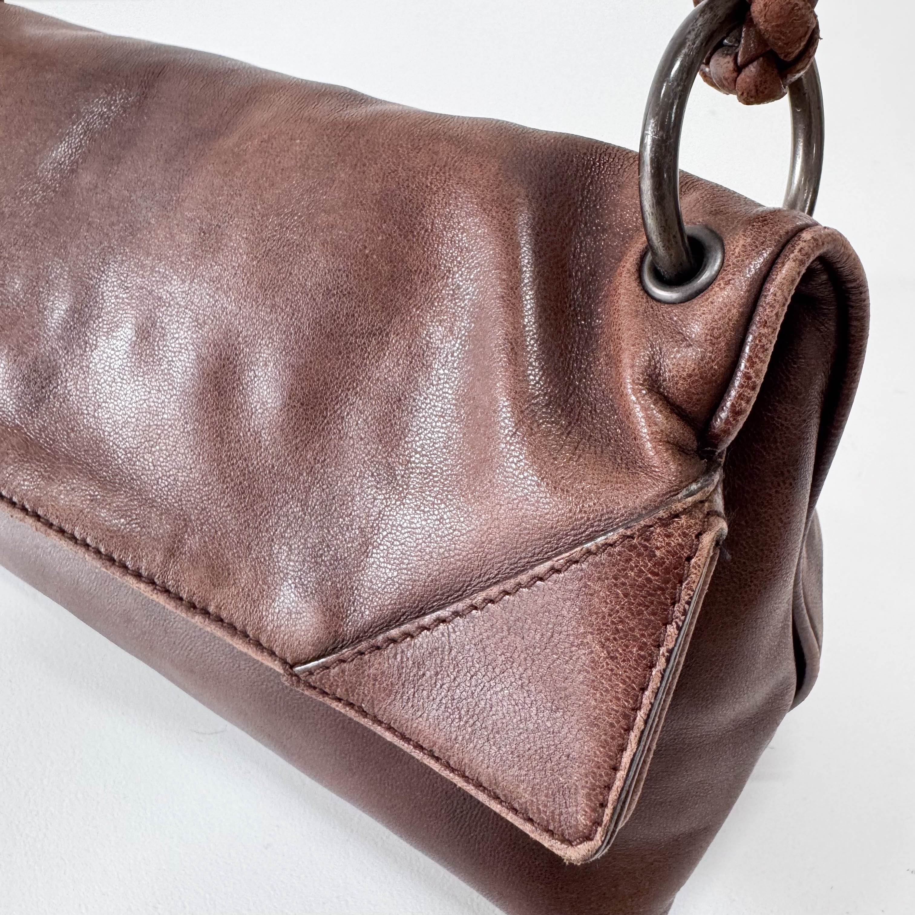Brown Leather Intrecciato Strap Shoulder Bag