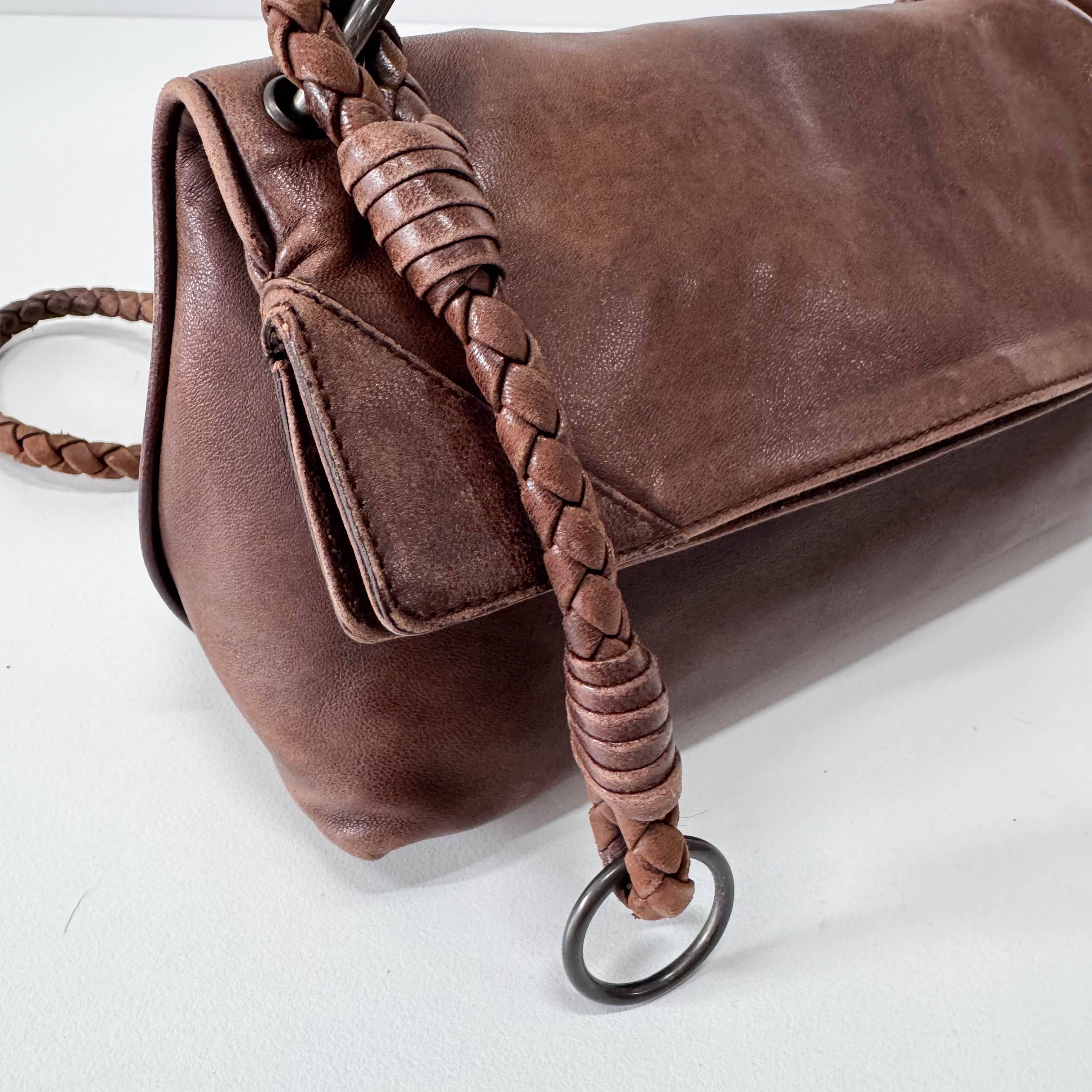 Brown Leather Intrecciato Strap Shoulder Bag