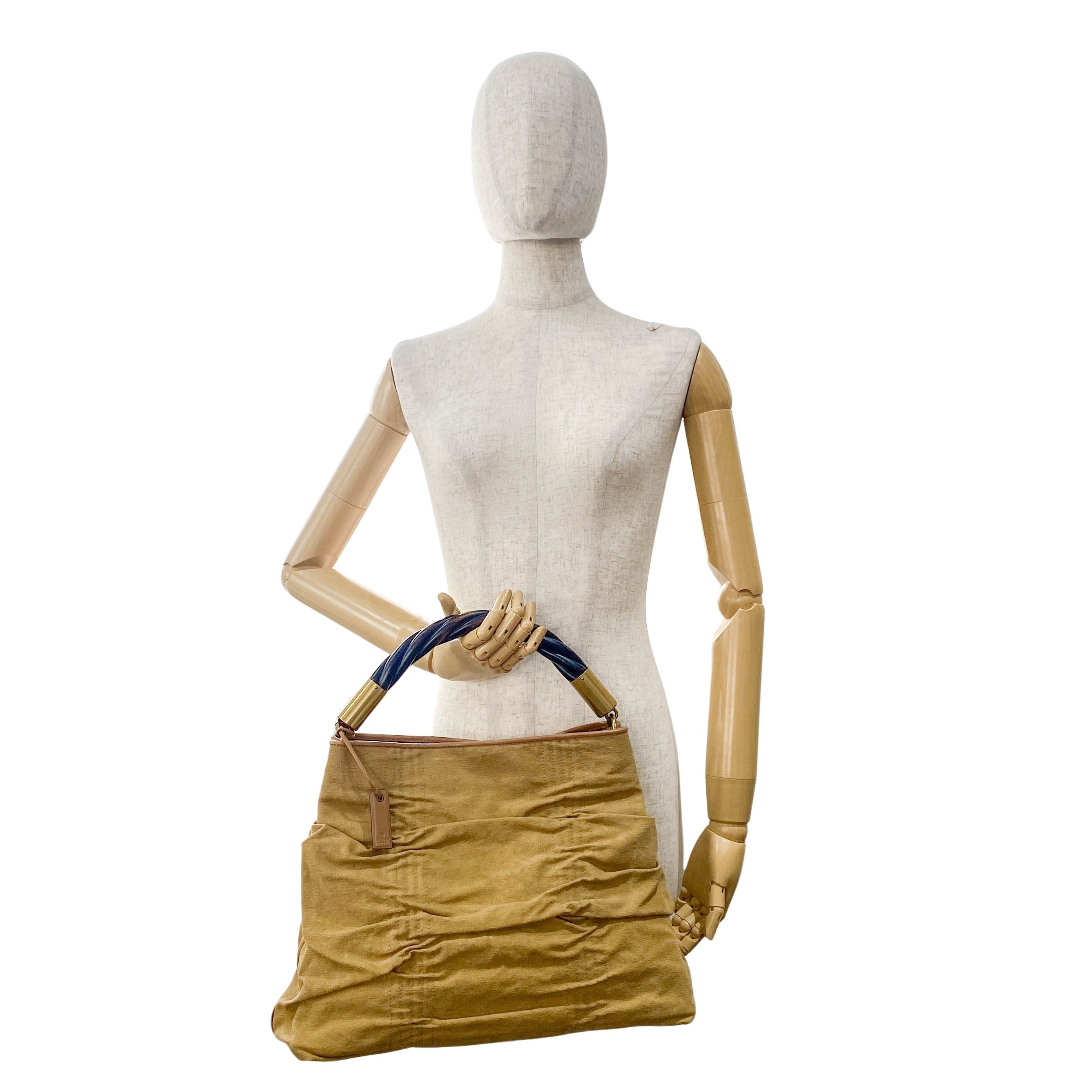 Khaki Brown Cotton Canvas with Interwined Wood Handle Bag