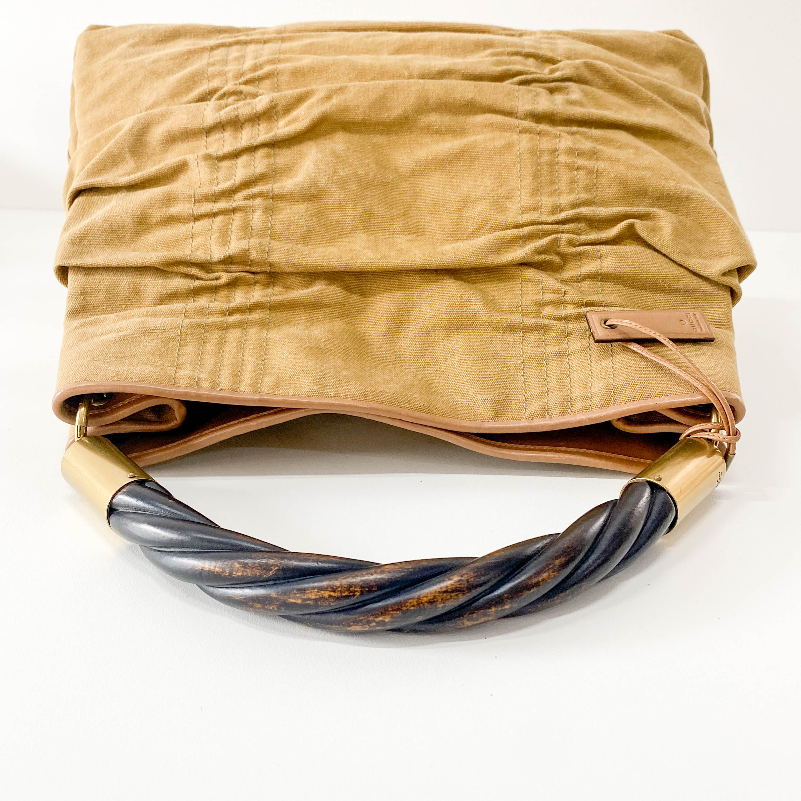 Khaki Brown Cotton Canvas with Interwined Wood Handle Bag