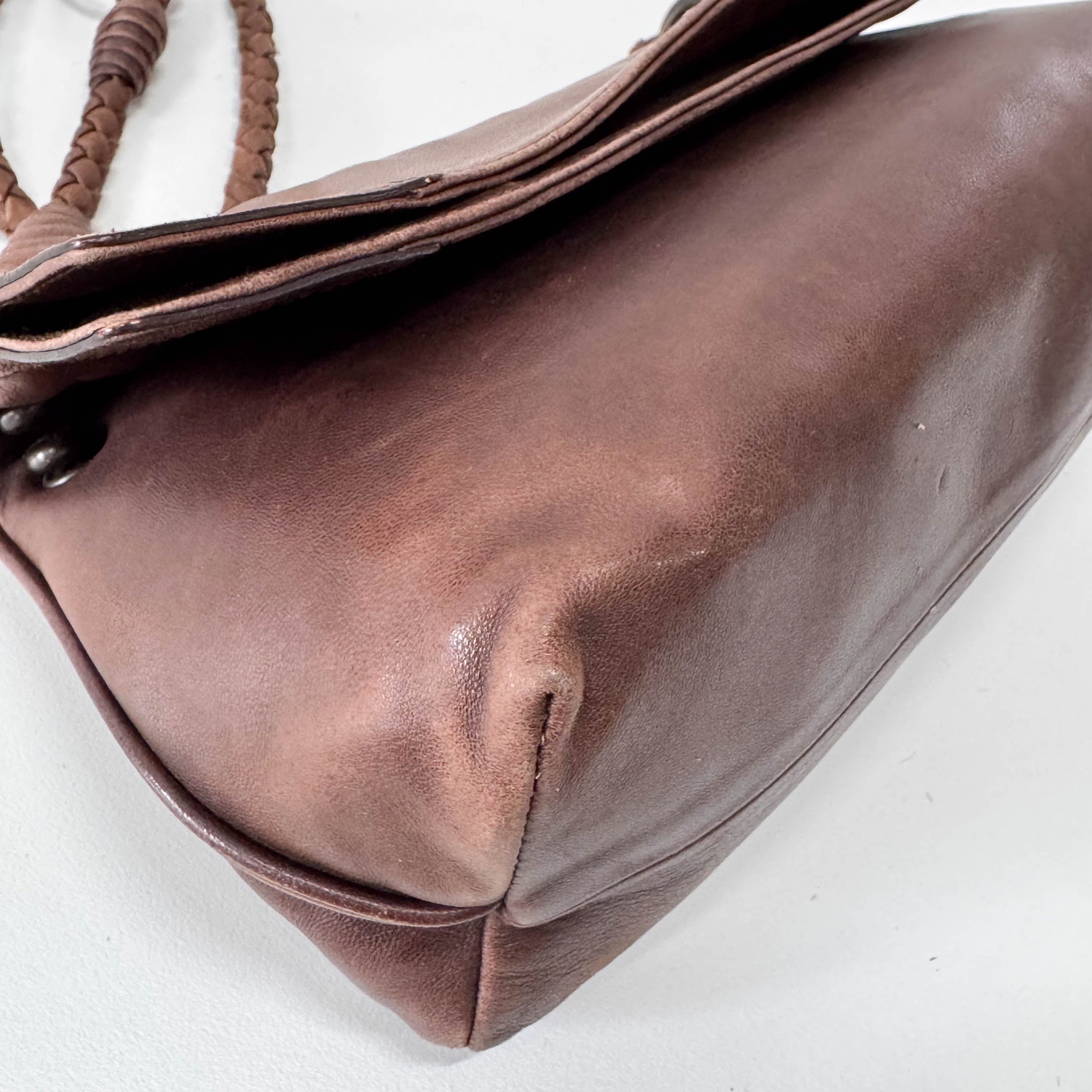 Brown Leather Intrecciato Strap Shoulder Bag