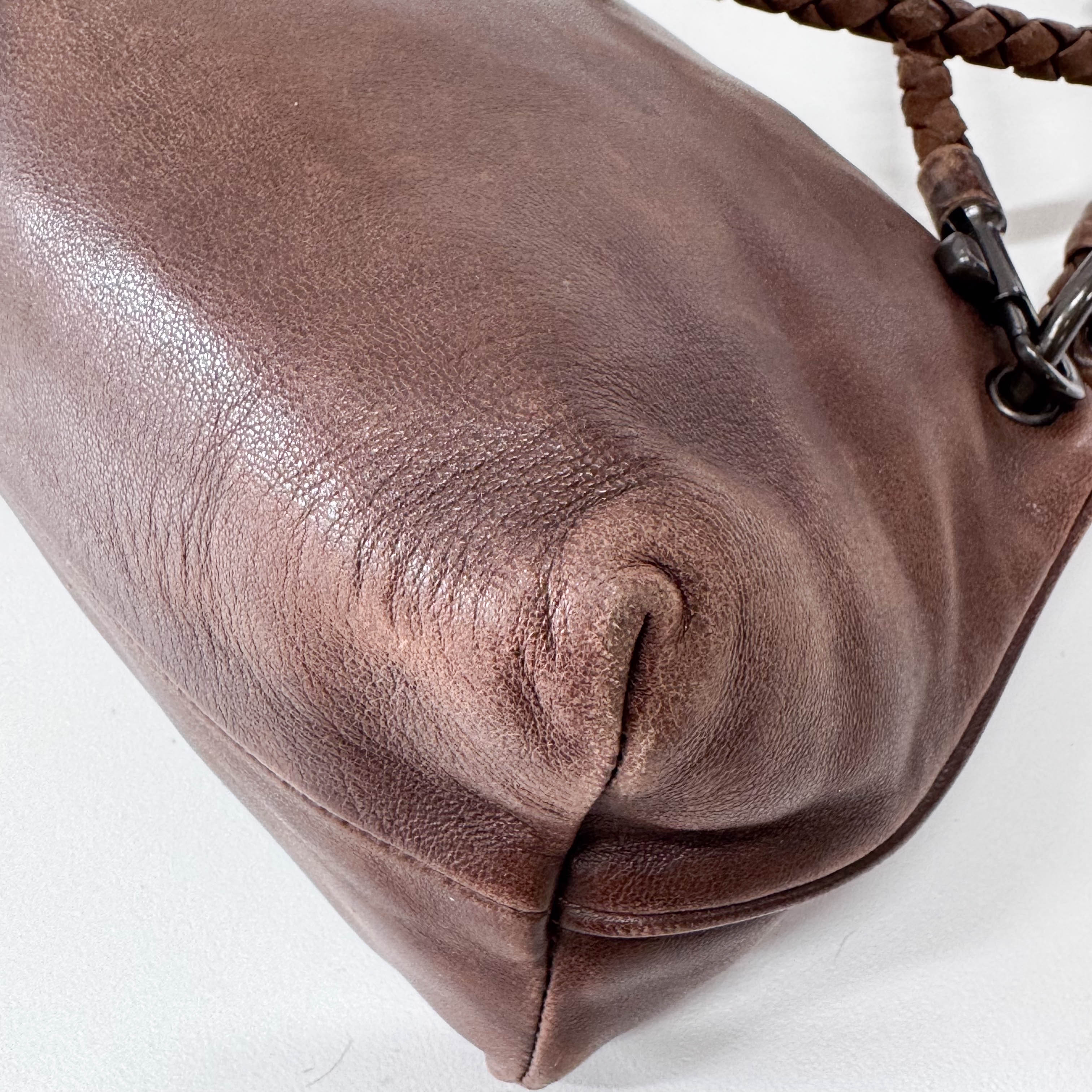 Brown Leather Intrecciato Strap Shoulder Bag