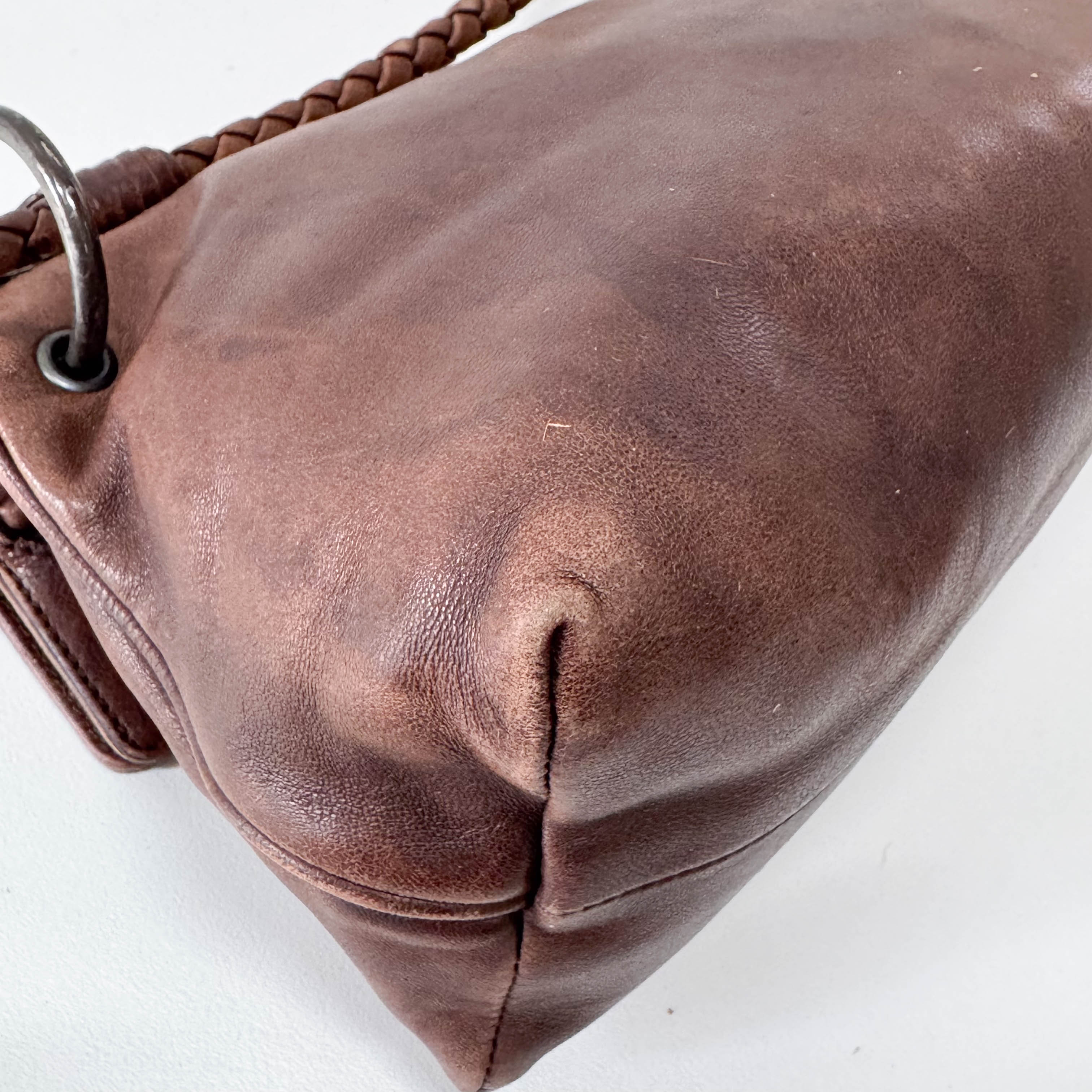 Brown Leather Intrecciato Strap Shoulder Bag