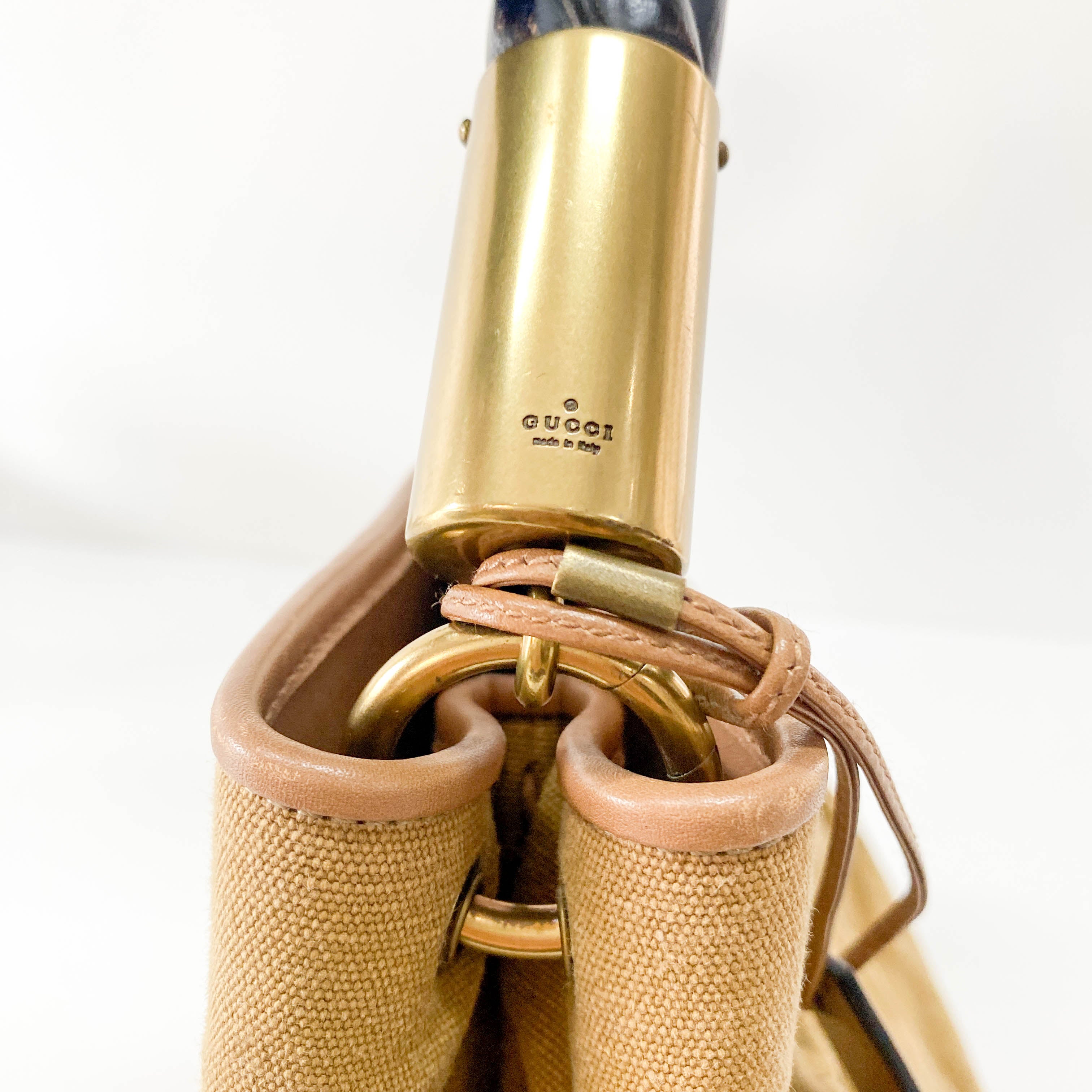 Khaki Brown Cotton Canvas with Interwined Wood Handle Bag