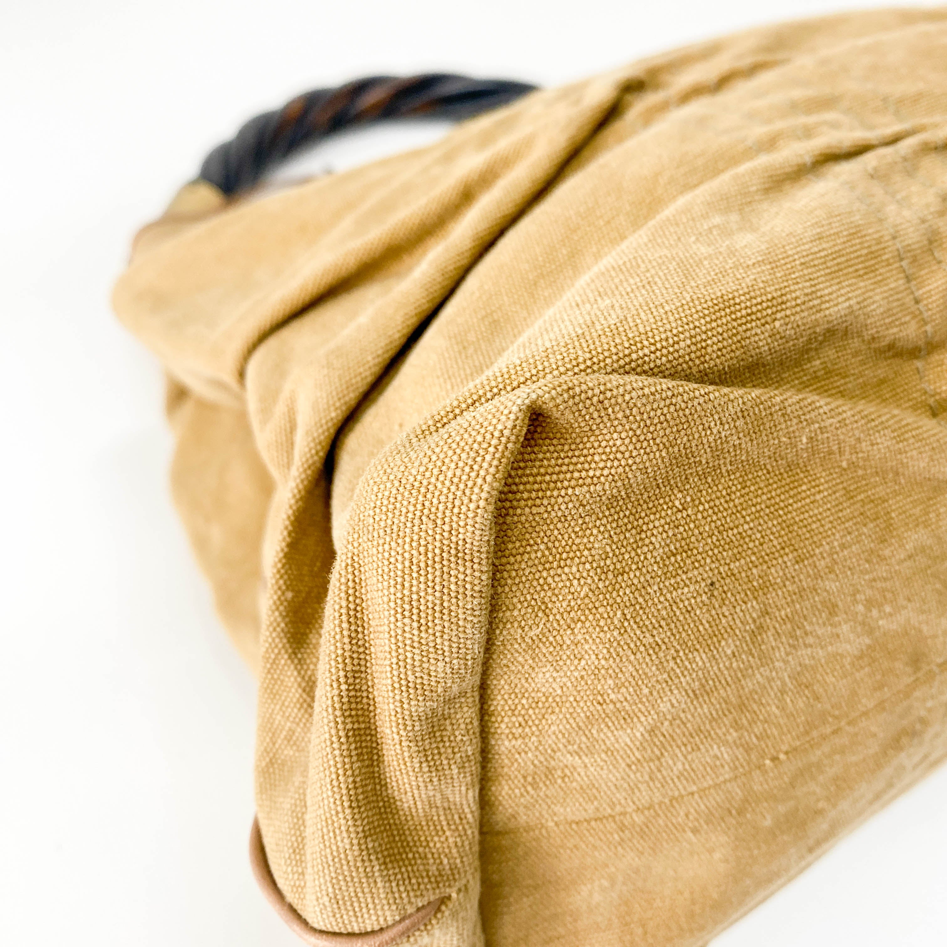 Khaki Brown Cotton Canvas with Interwined Wood Handle Bag