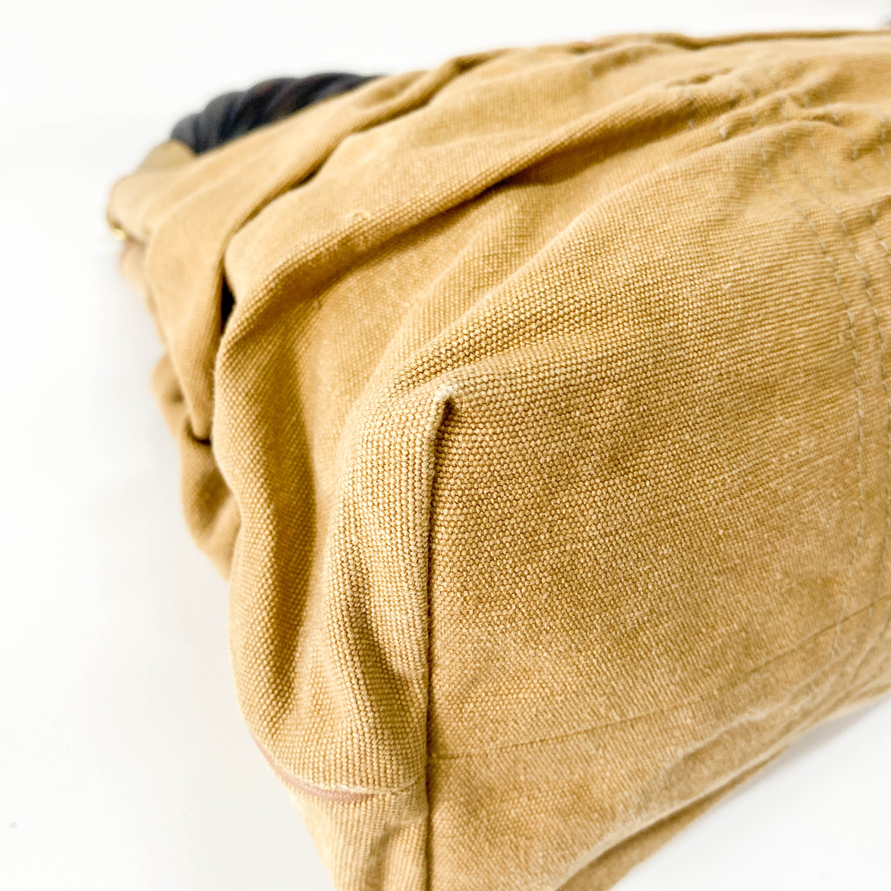 Khaki Brown Cotton Canvas with Interwined Wood Handle Bag