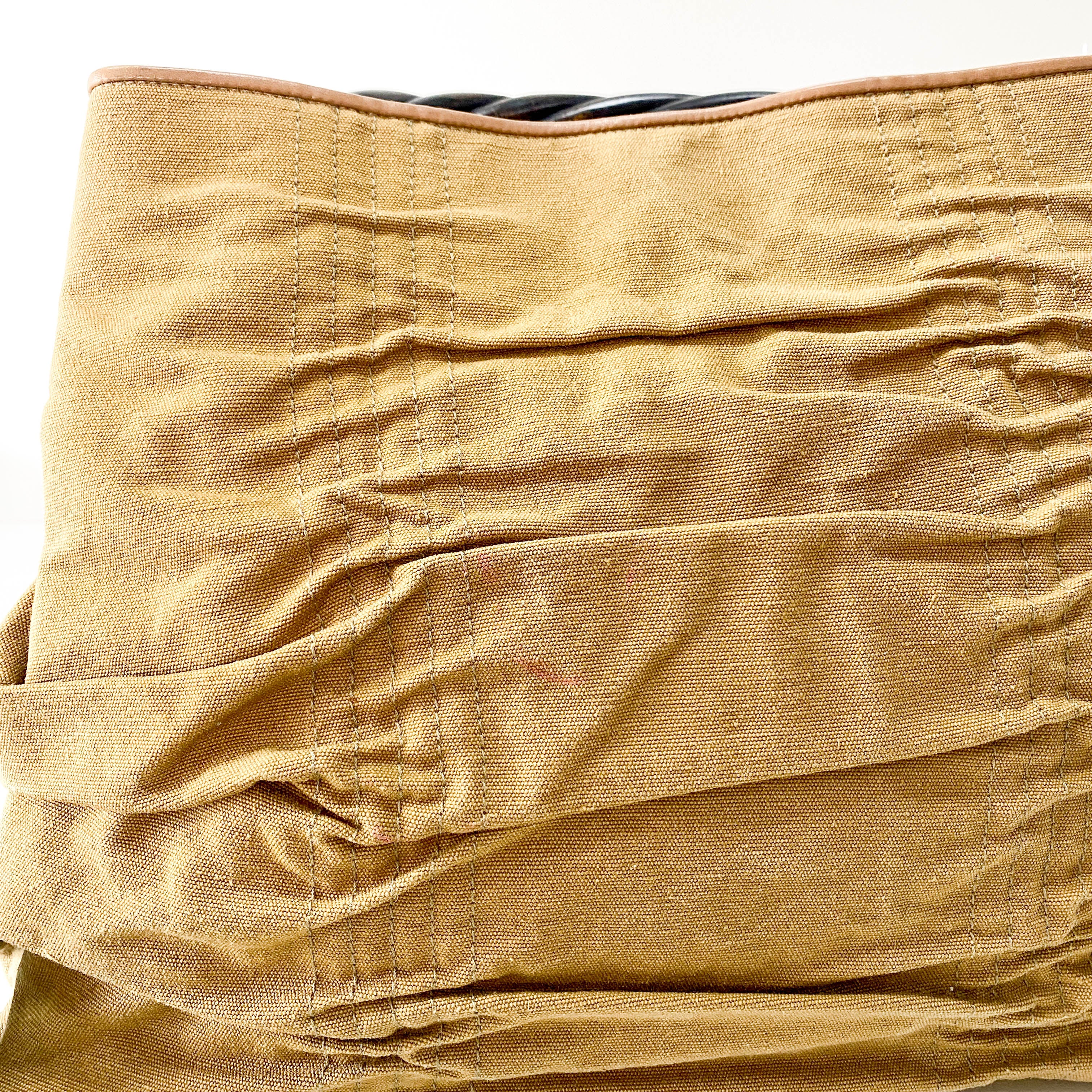 Khaki Brown Cotton Canvas with Interwined Wood Handle Bag