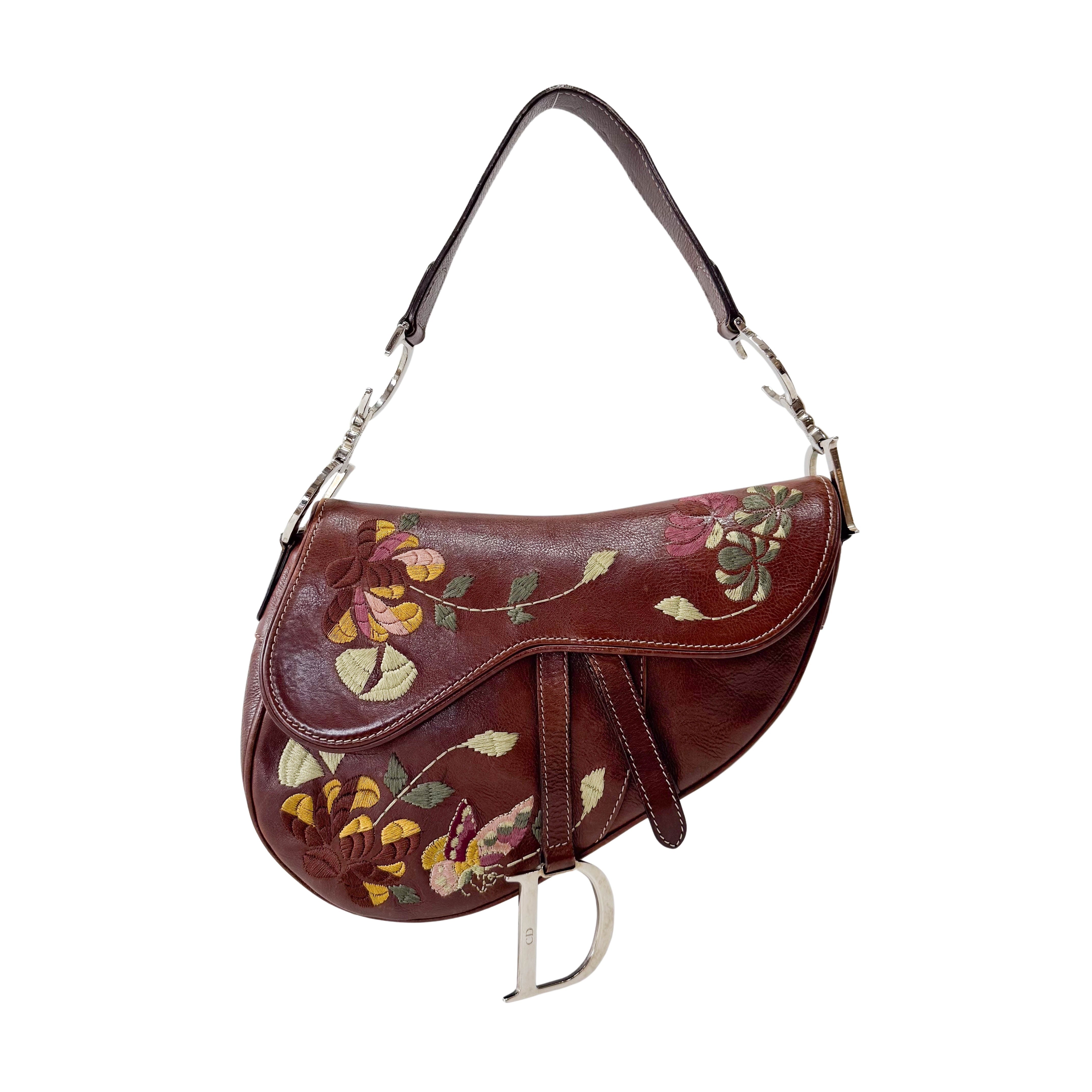 Limited Edition Saddle Brown Leather Flower Embroidered Shoulder Bag