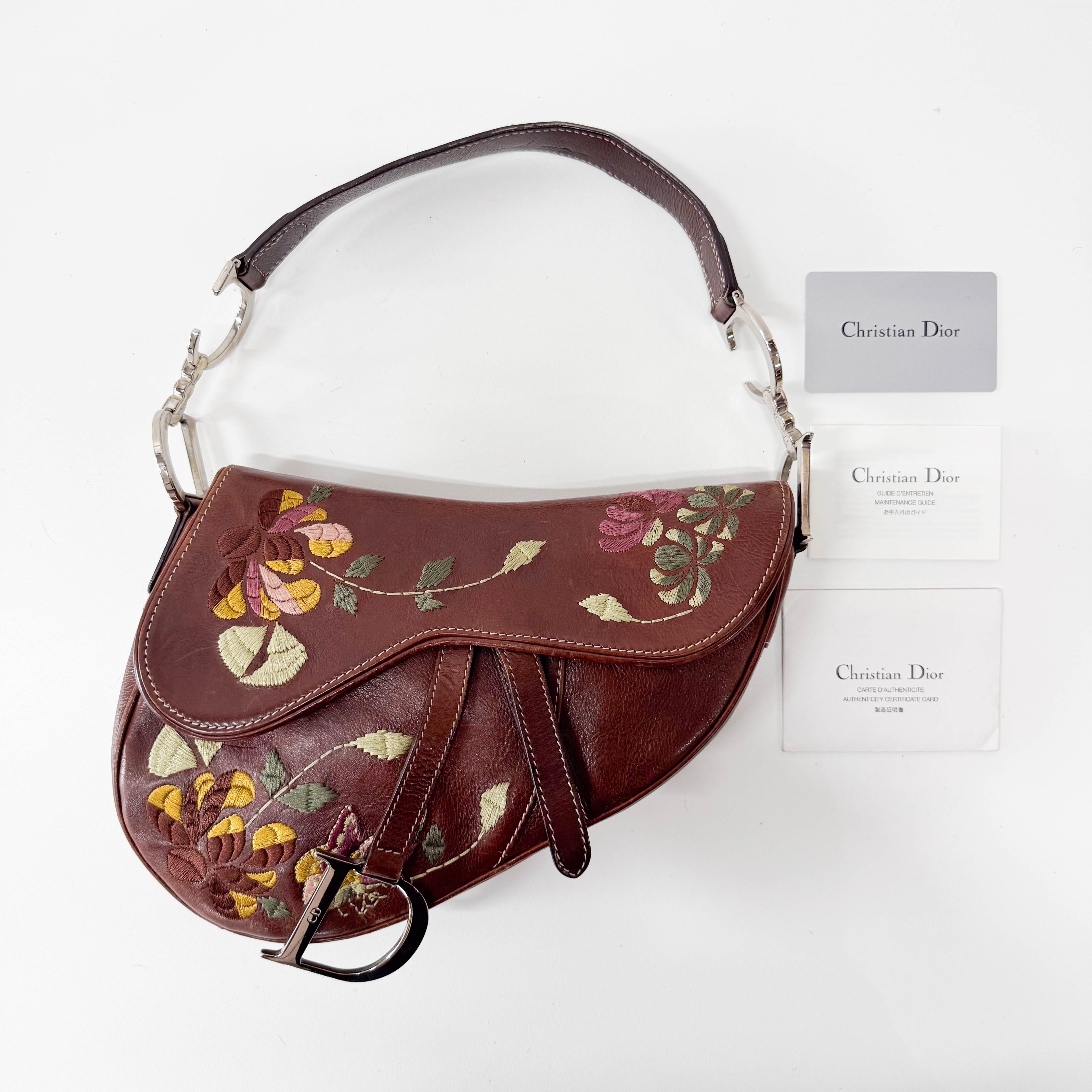 Limited Edition Saddle Brown Leather Flower Embroidered Shoulder Bag