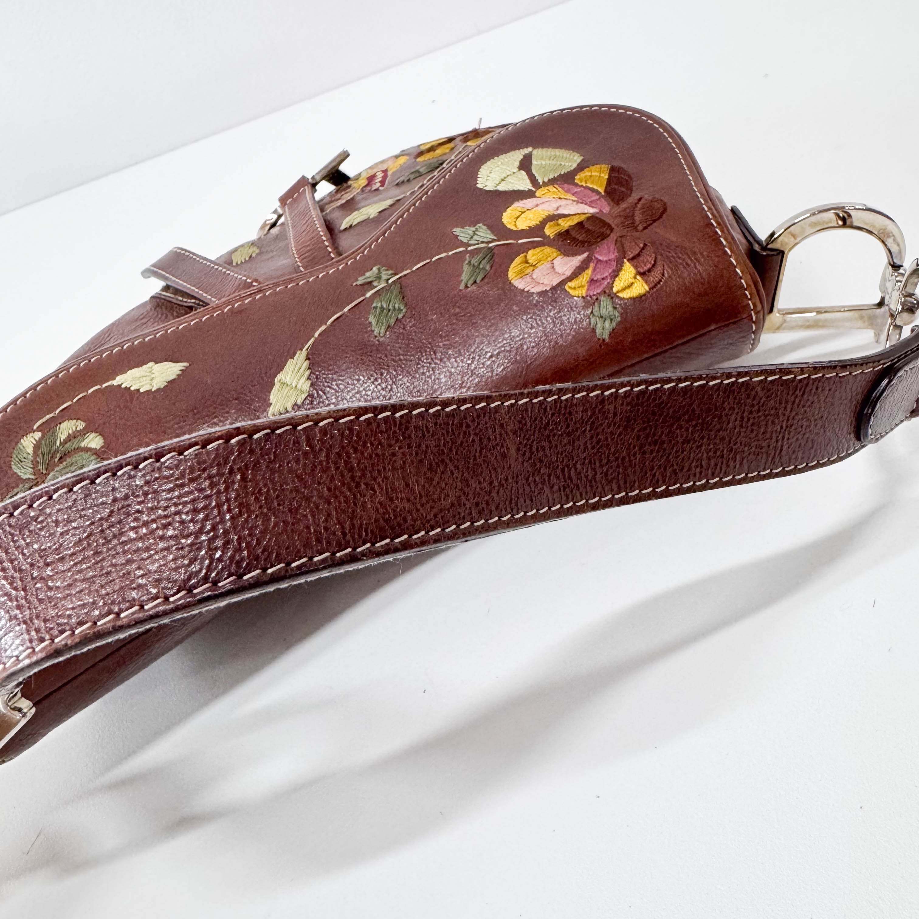 Limited Edition Saddle Brown Leather Flower Embroidered Shoulder Bag