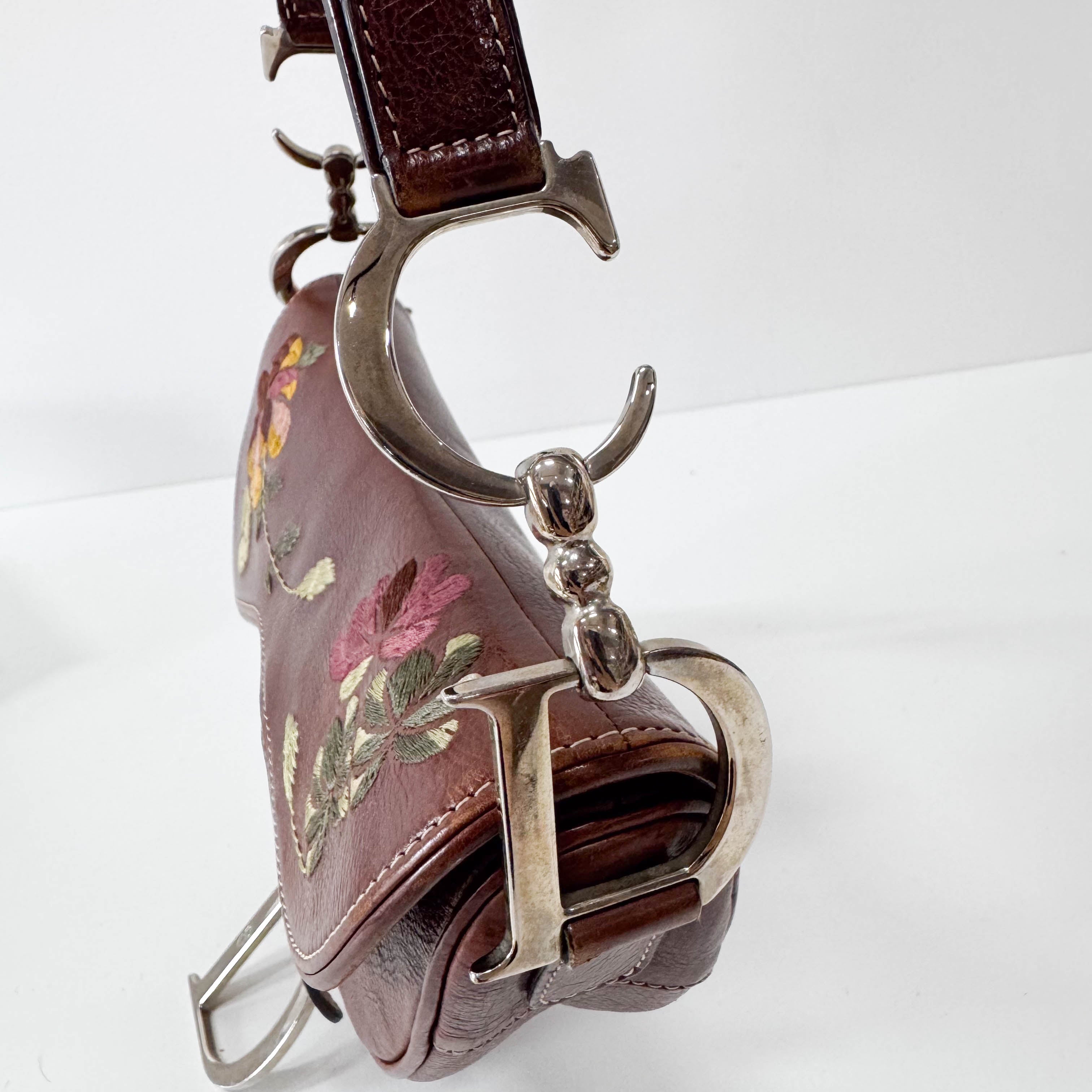 Limited Edition Saddle Brown Leather Flower Embroidered Shoulder Bag