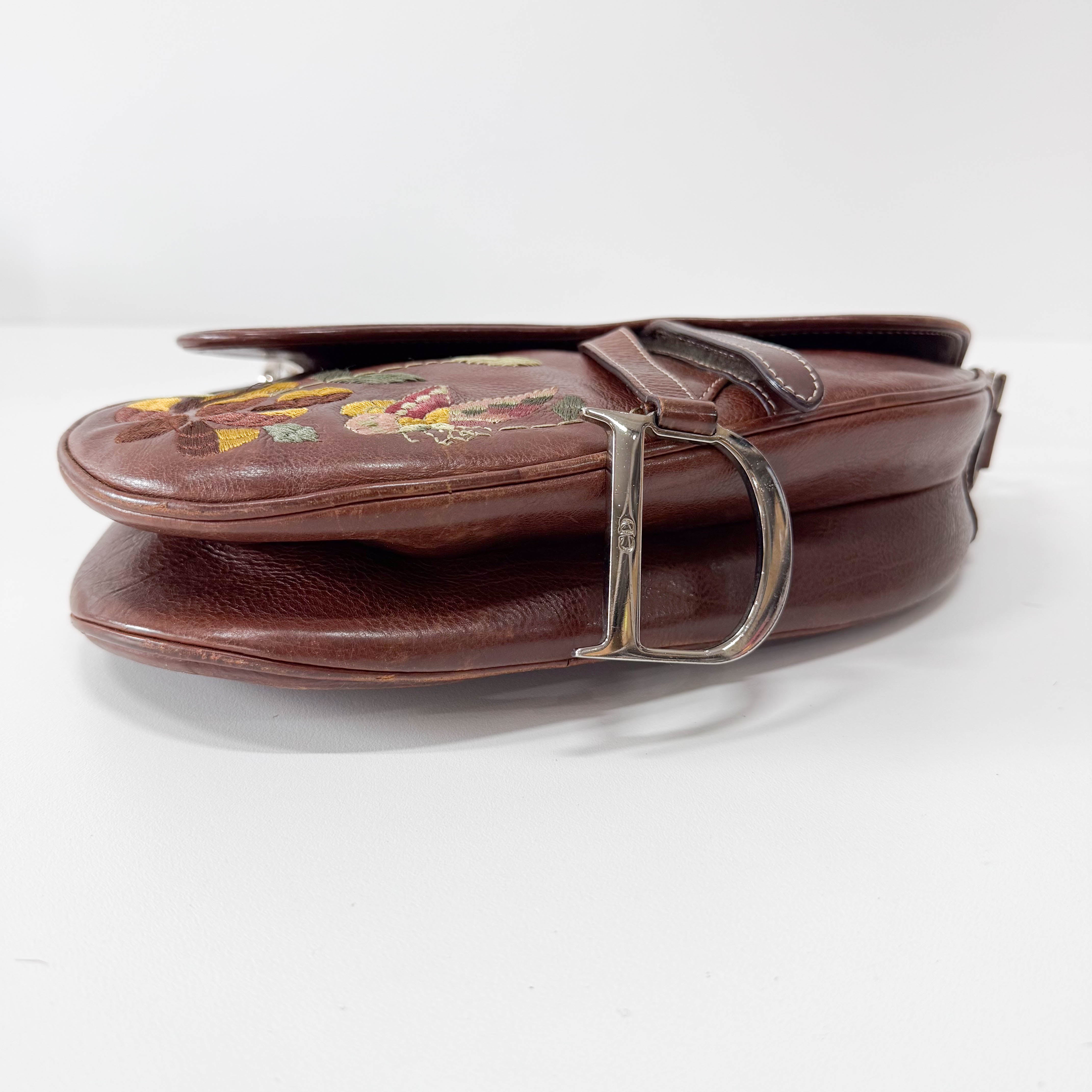 Limited Edition Saddle Brown Leather Flower Embroidered Shoulder Bag