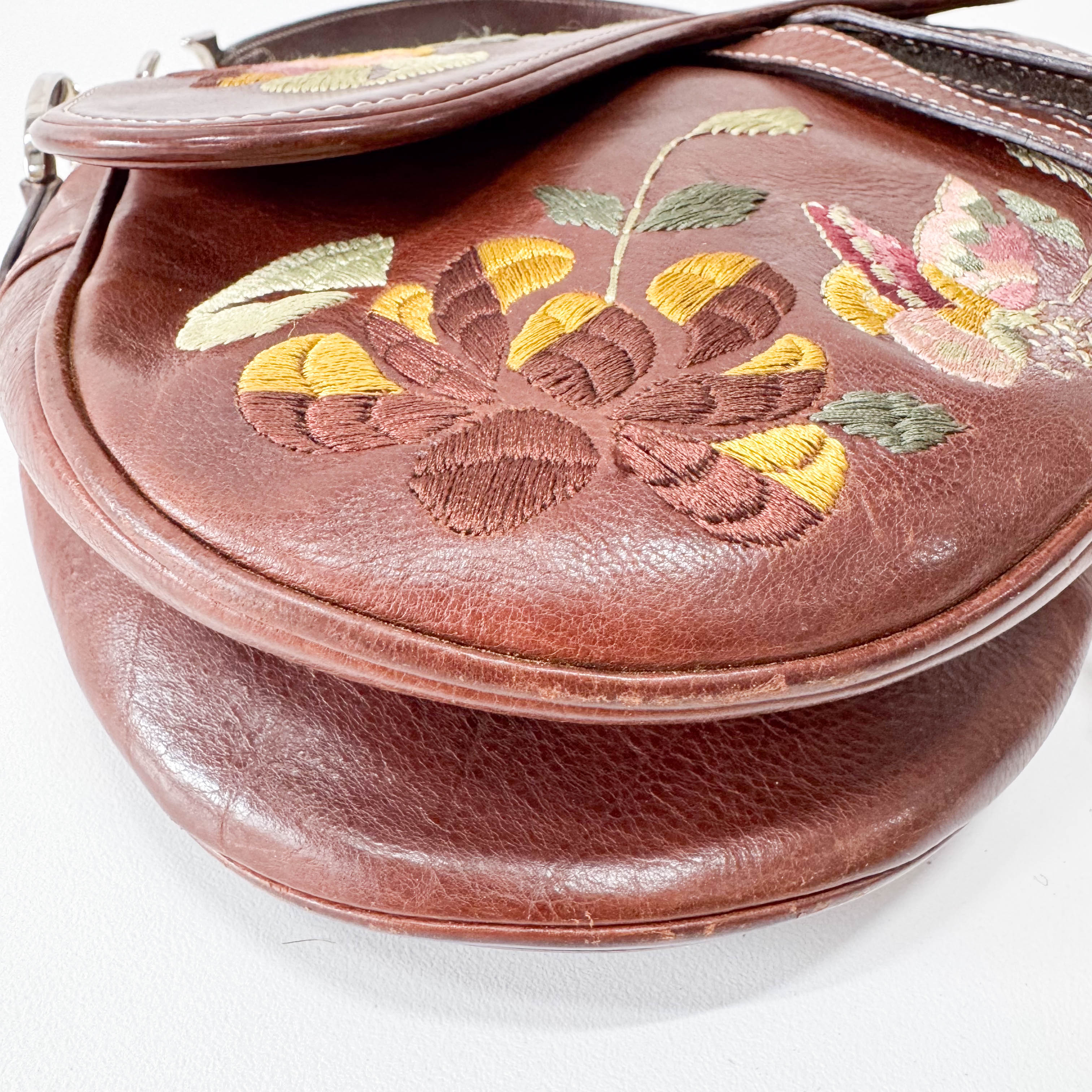 Limited Edition Saddle Brown Leather Flower Embroidered Shoulder Bag