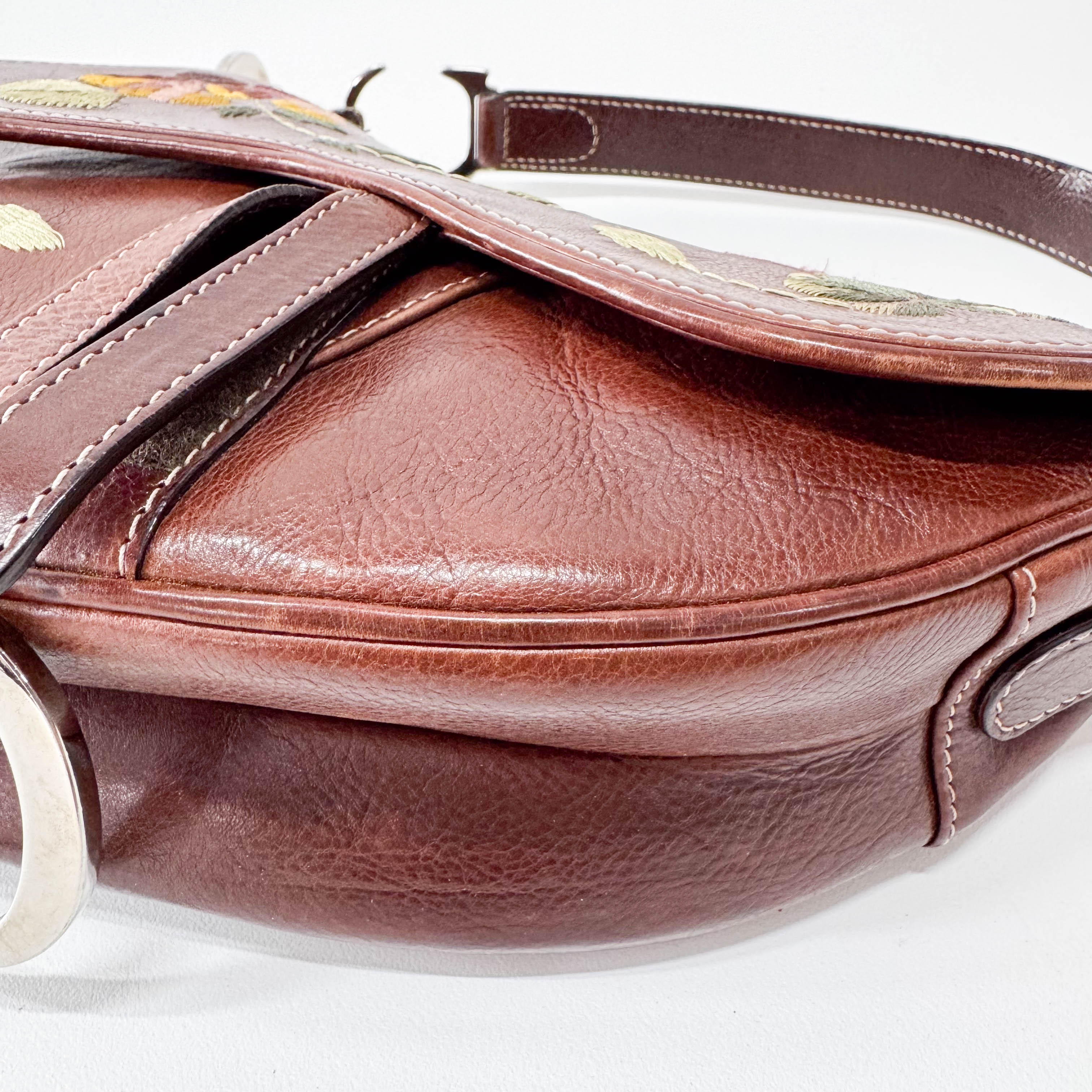 Limited Edition Saddle Brown Leather Flower Embroidered Shoulder Bag