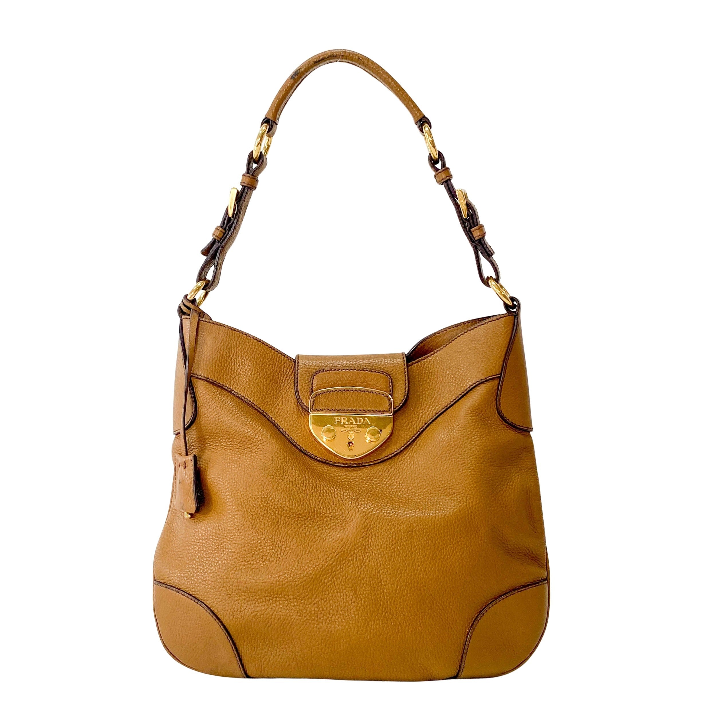 Caramel Brown Vitello Leather Gold Hardware Hobo Shoulder Bag