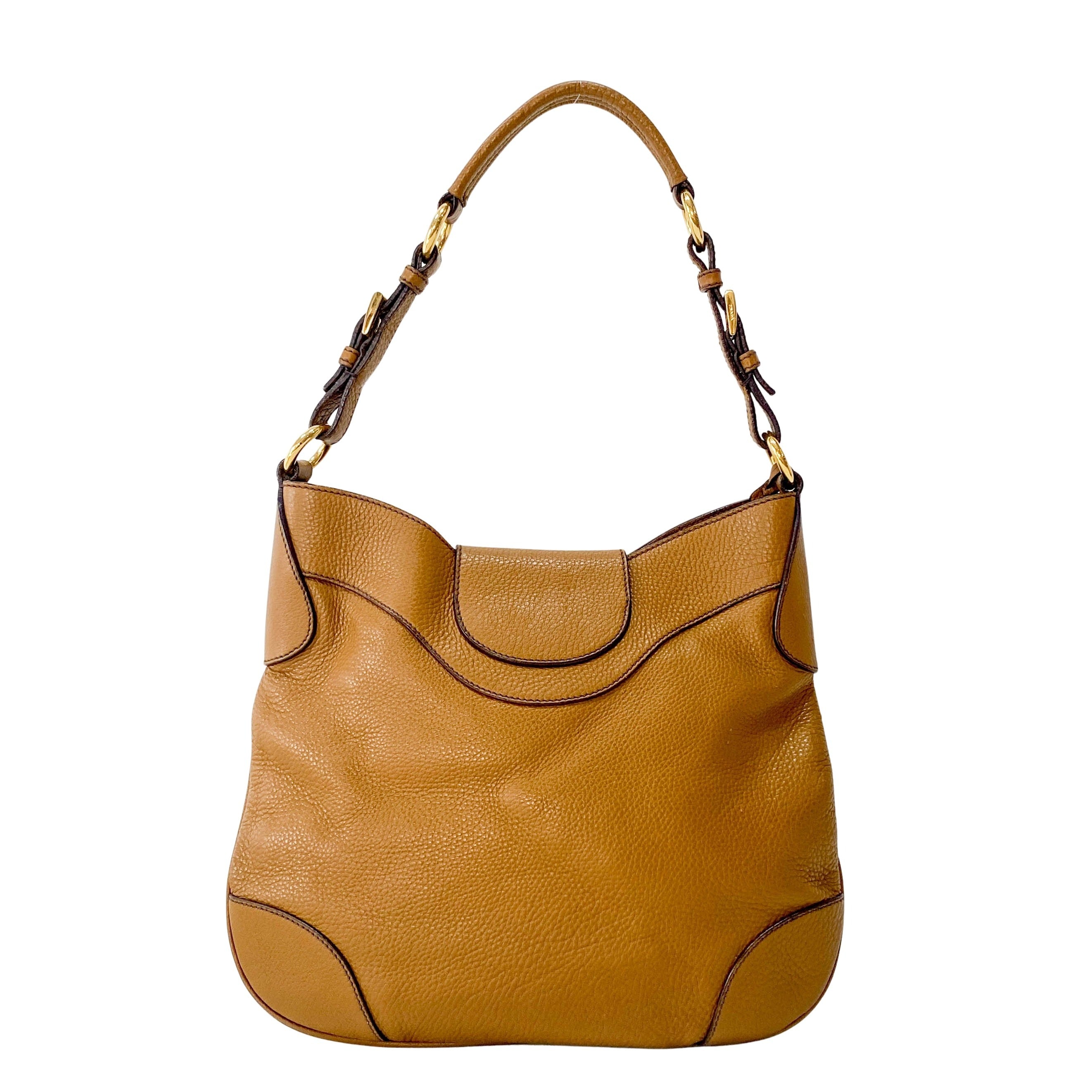 Caramel Brown Vitello Leather Gold Hardware Hobo Shoulder Bag