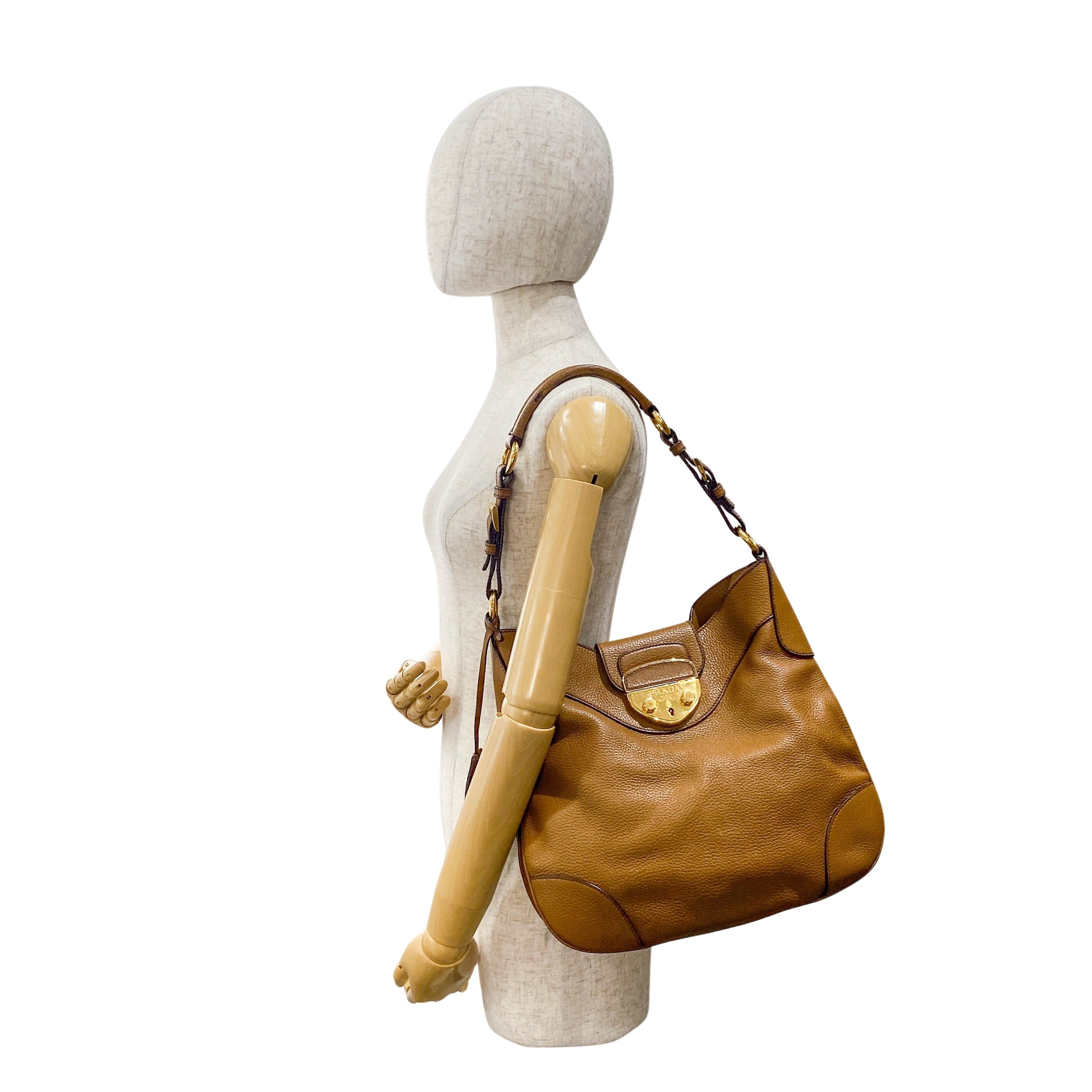 Caramel Brown Vitello Leather Gold Hardware Hobo Shoulder Bag