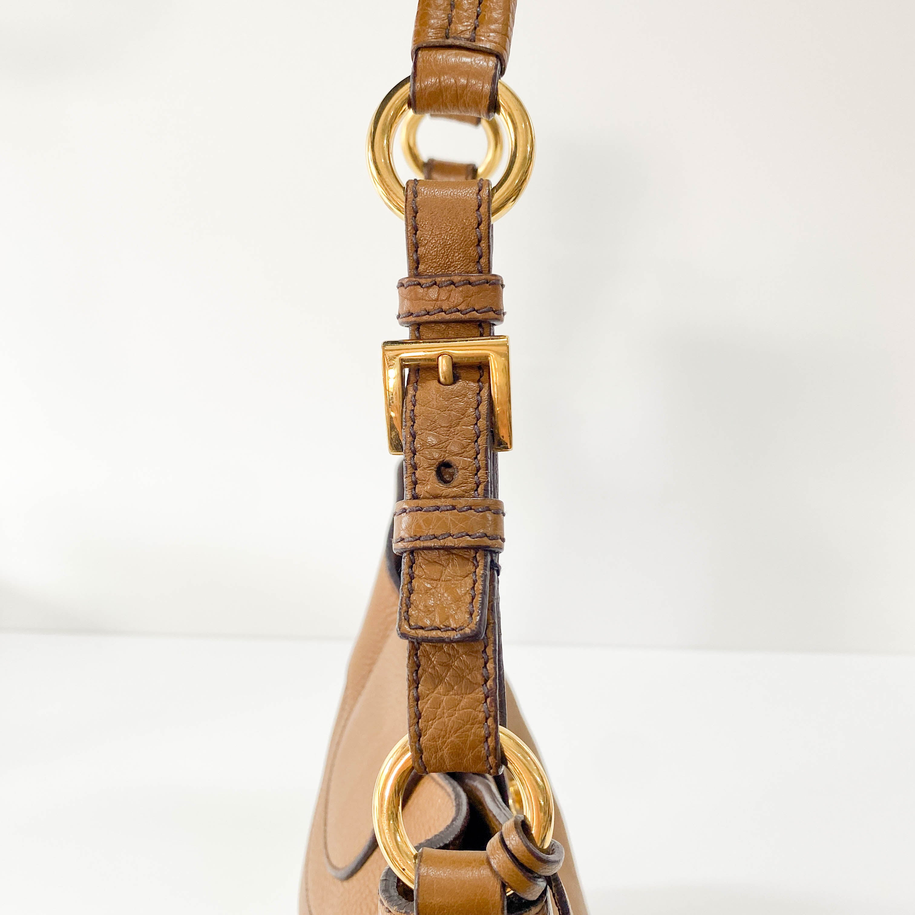 Caramel Brown Vitello Leather Gold Hardware Hobo Shoulder Bag
