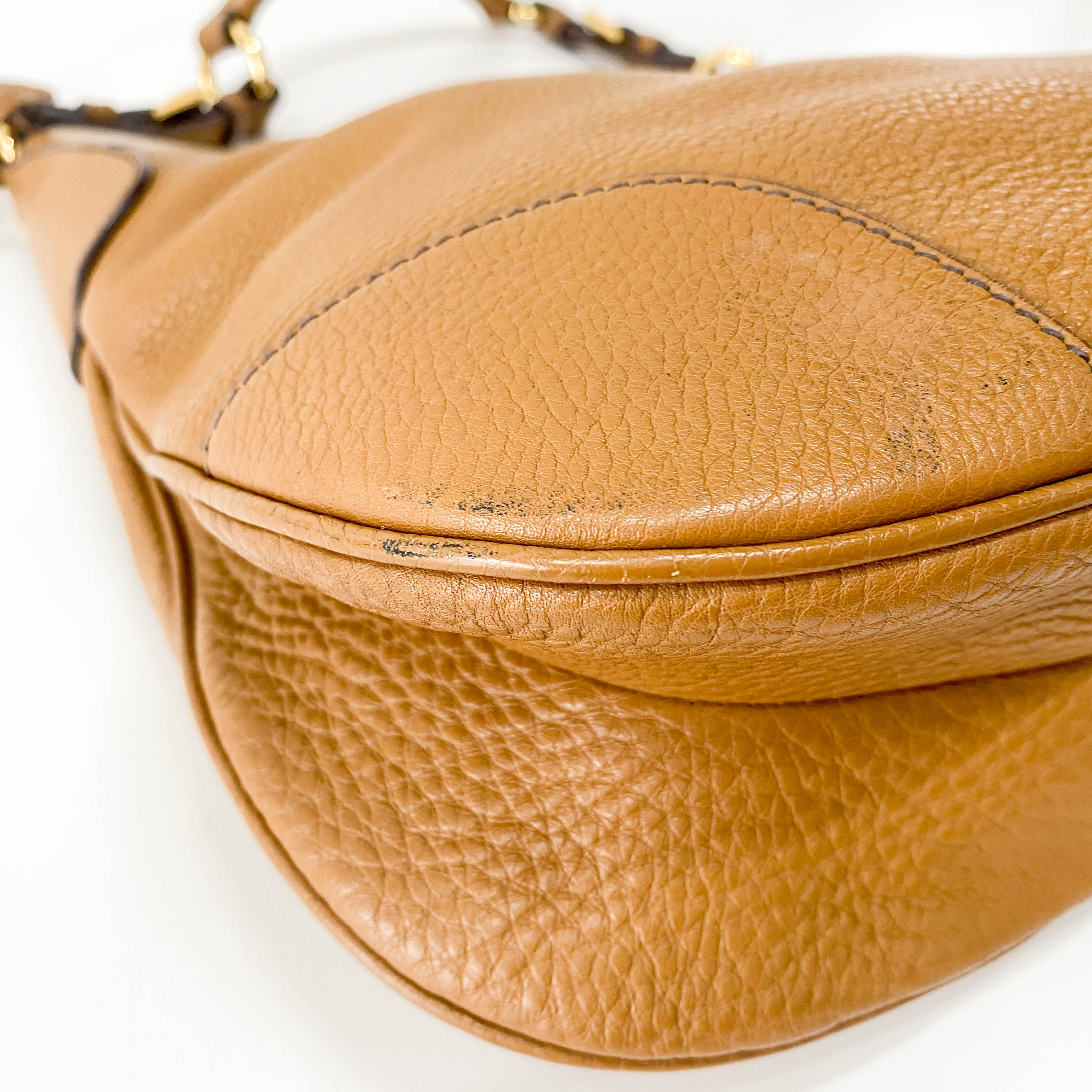 Caramel Brown Vitello Leather Gold Hardware Hobo Shoulder Bag