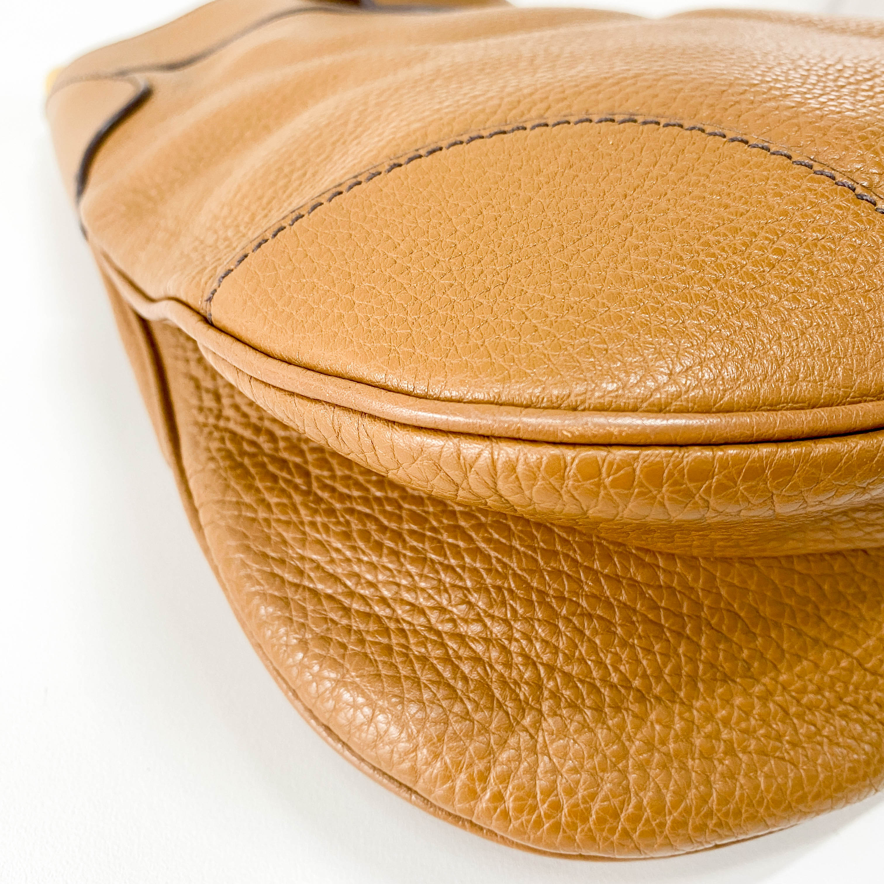 Caramel Brown Vitello Leather Gold Hardware Hobo Shoulder Bag