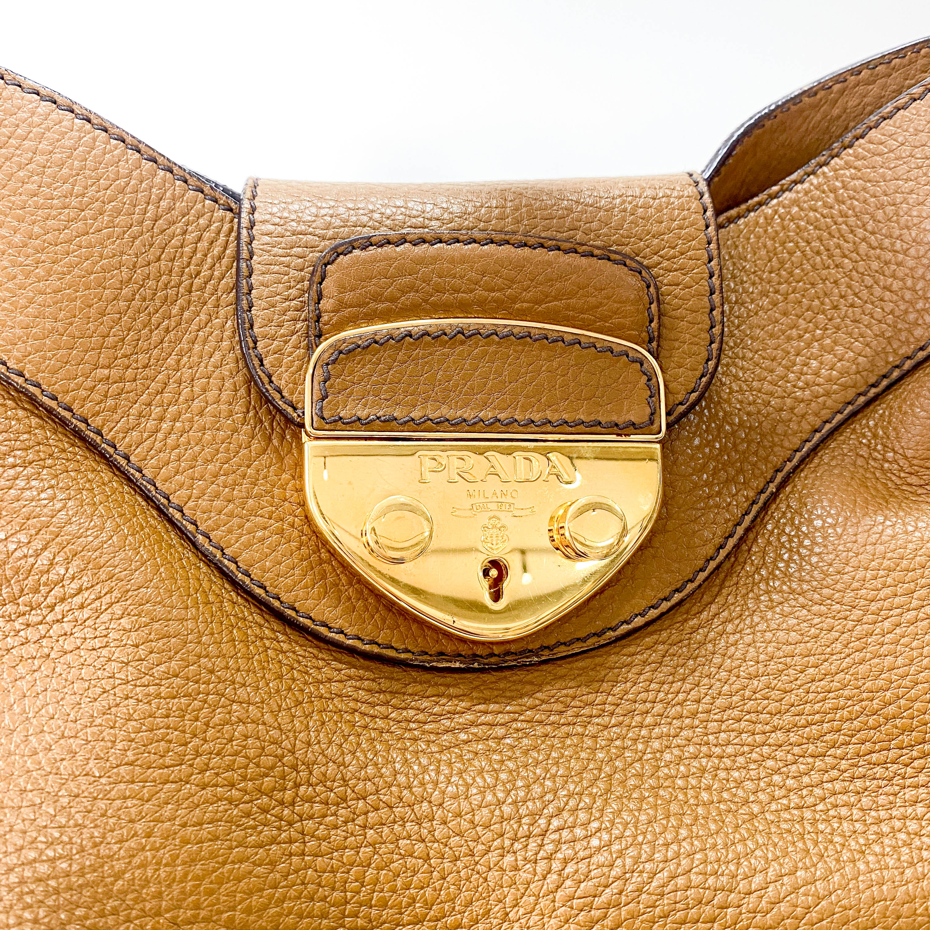 Caramel Brown Vitello Leather Gold Hardware Hobo Shoulder Bag