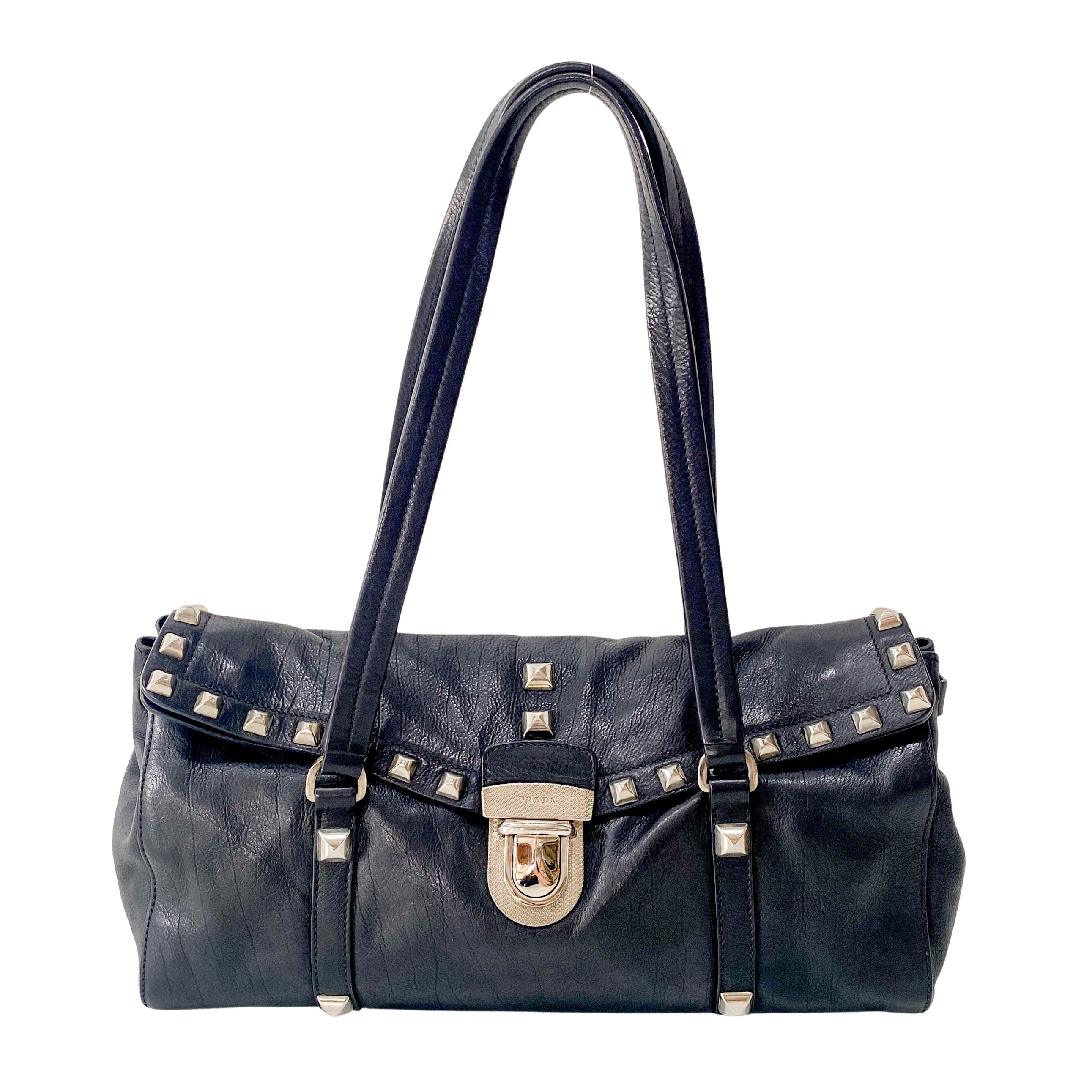 Studs Black Leather Shoulder Bag