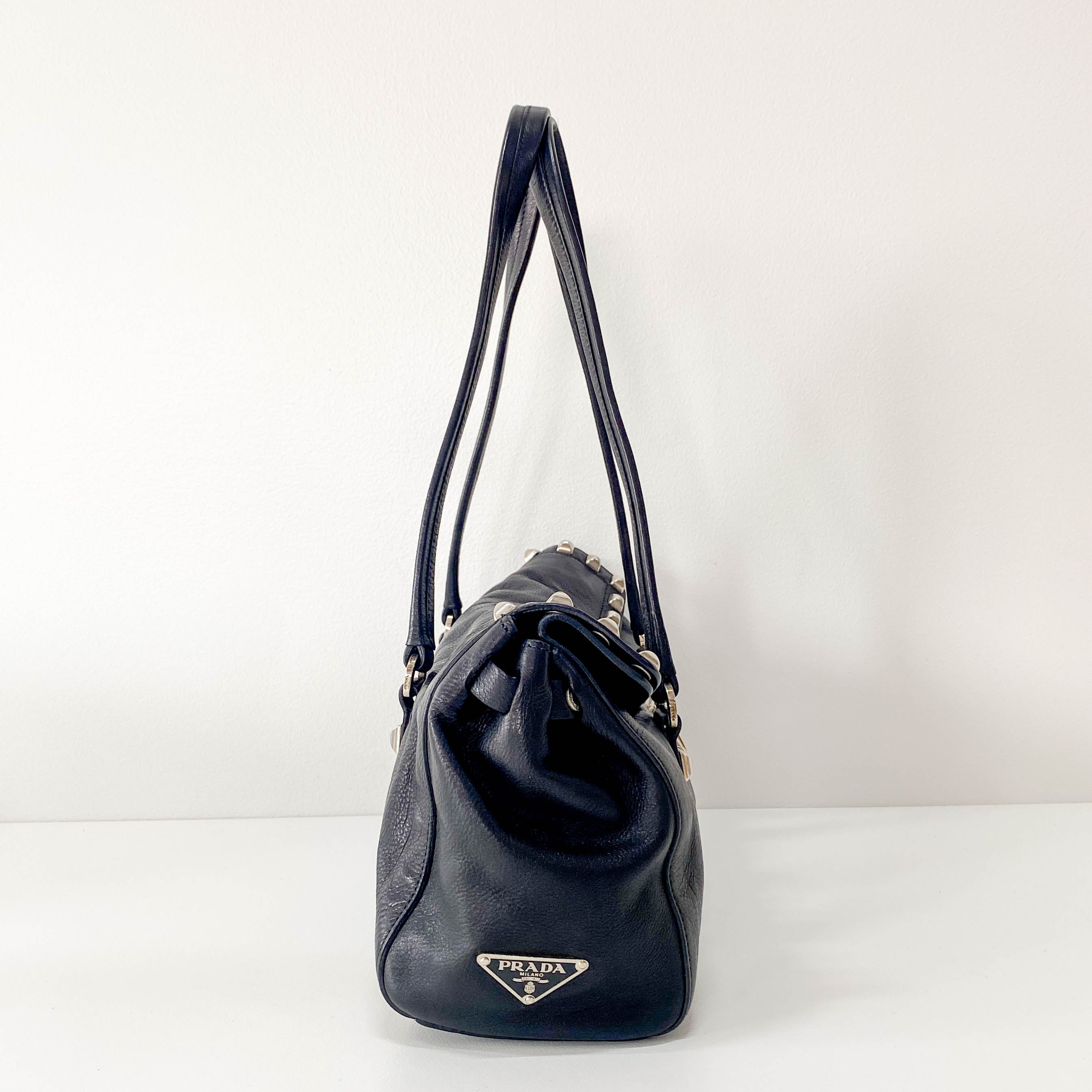 Studs Black Leather Shoulder Bag