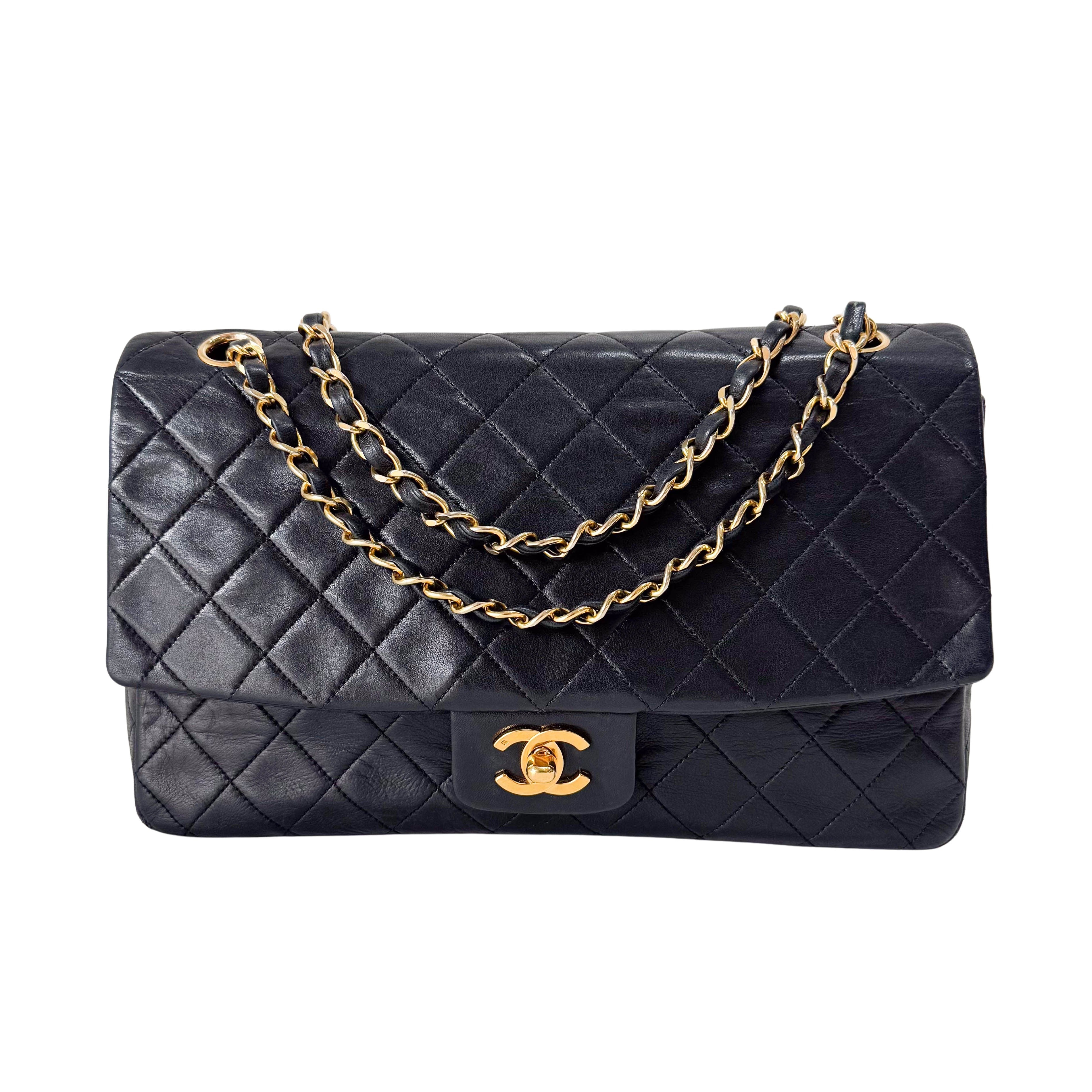 Timeless Classic Double Flap Matelassé Black Leather Chain Bag