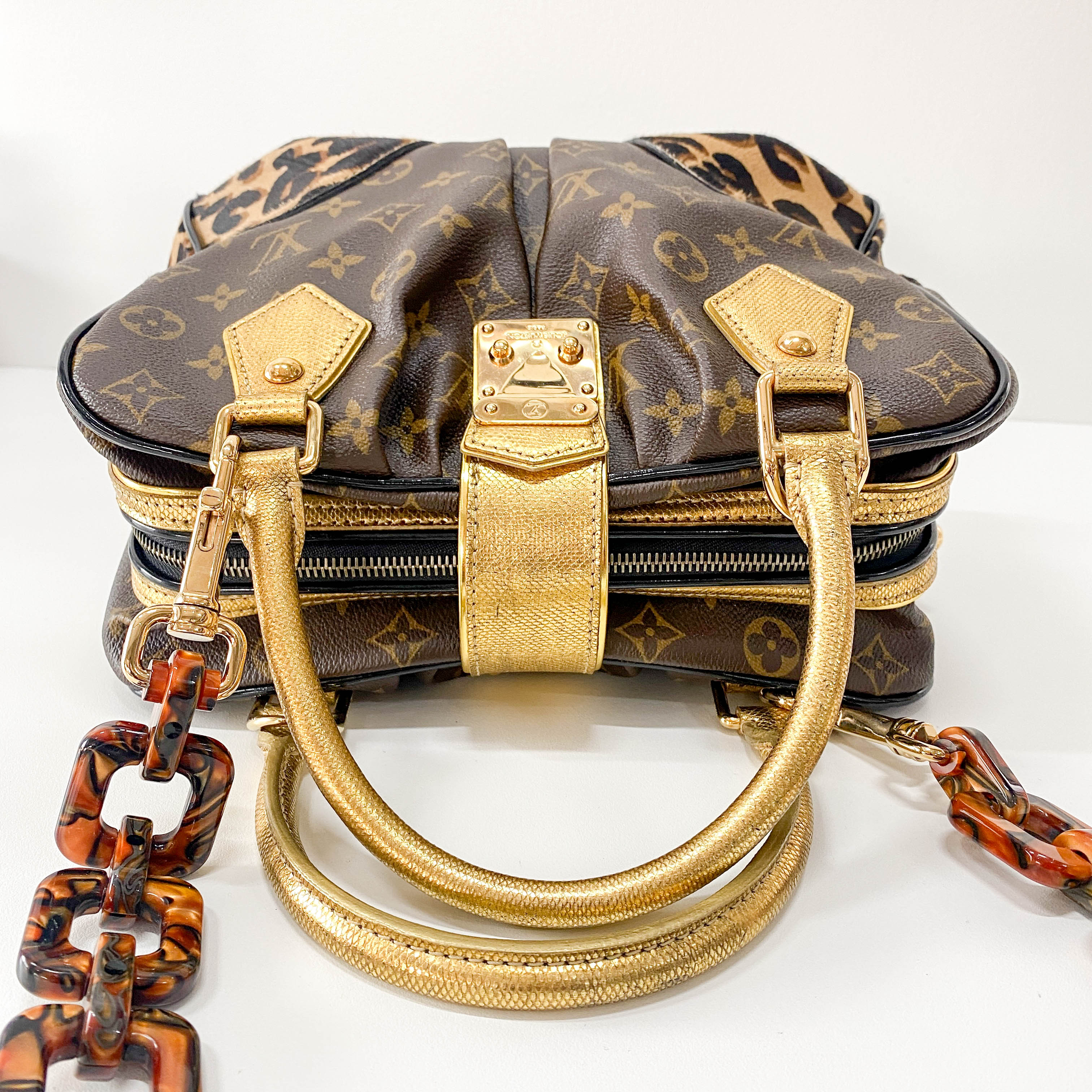 Adele Monogram Leather & Leopard Print Pony Hair Handle Bag