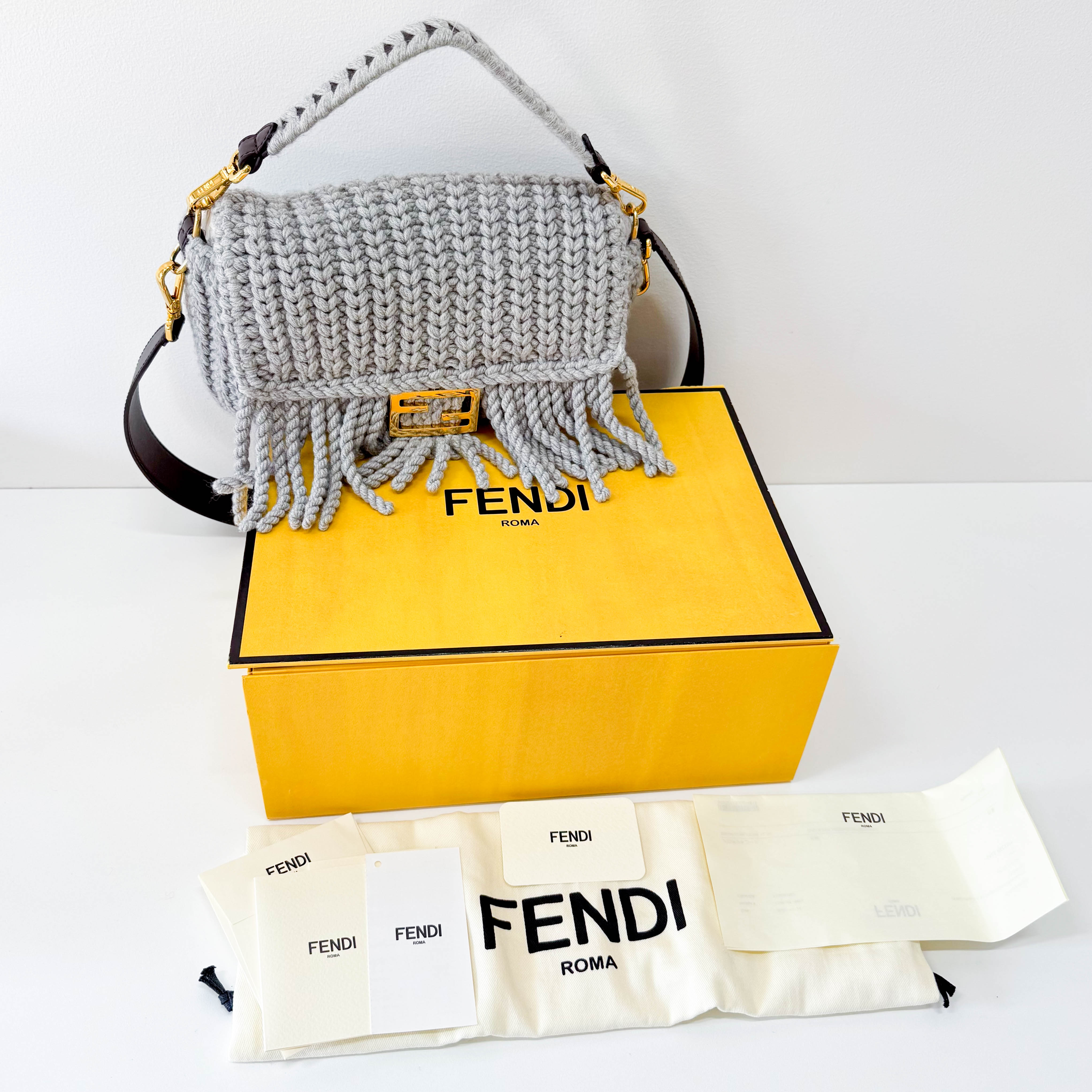 Baguette Grey Braided Wool with Zucca Interior Lining Shoulder Bag