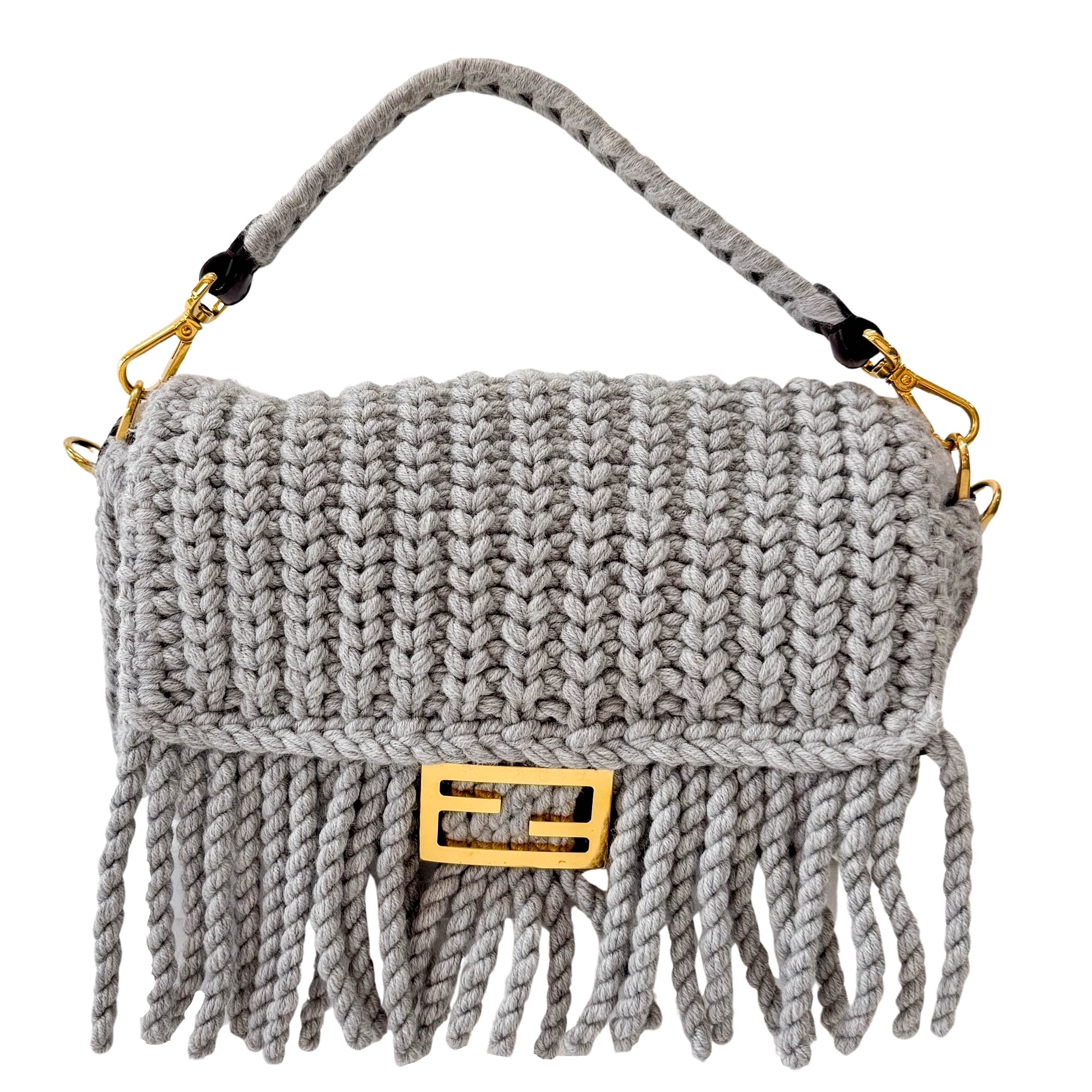 Baguette Grey Braided Wool with Zucca Interior Lining Shoulder Bag