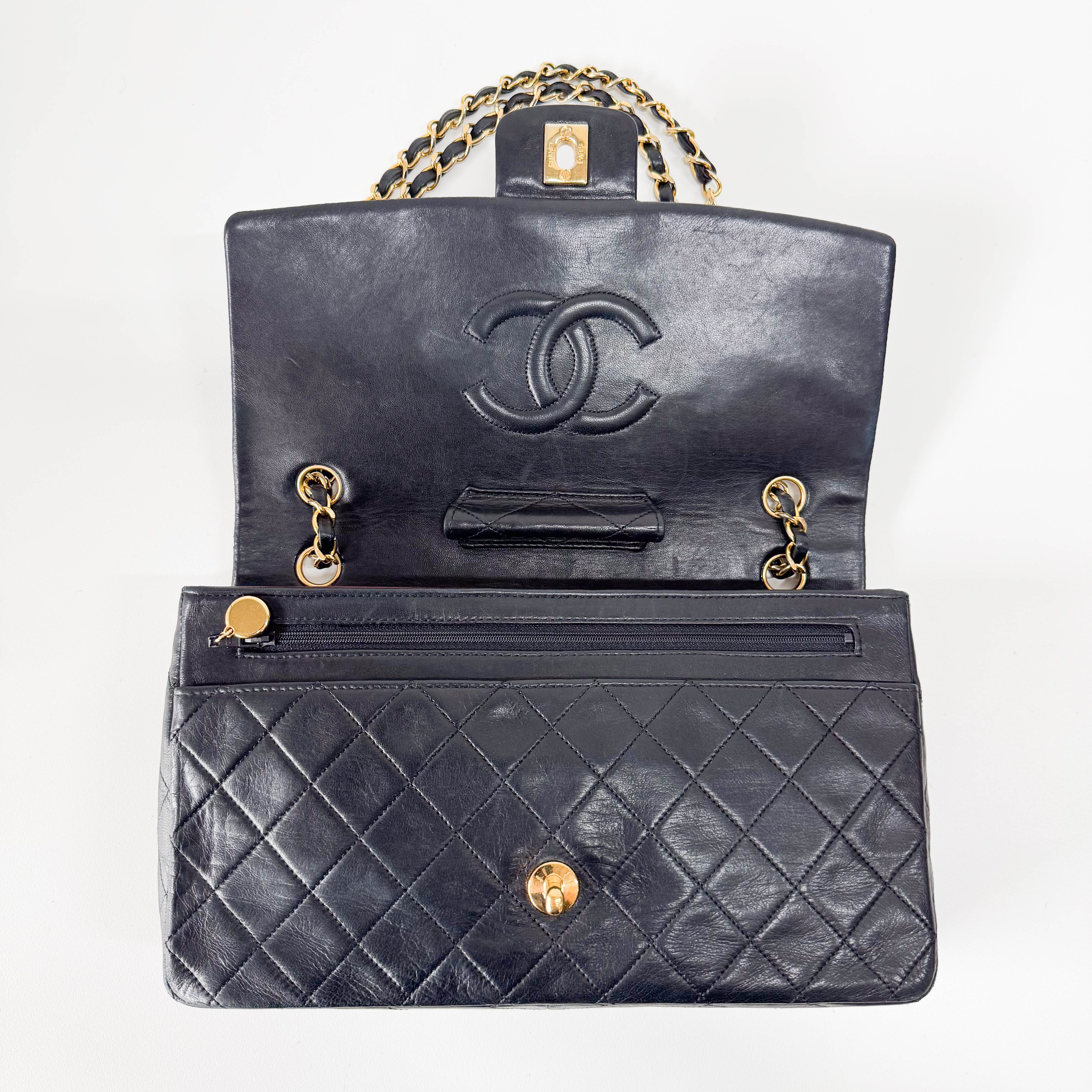 Timeless Classic Double Flap Matelassé Black Leather Chain Bag