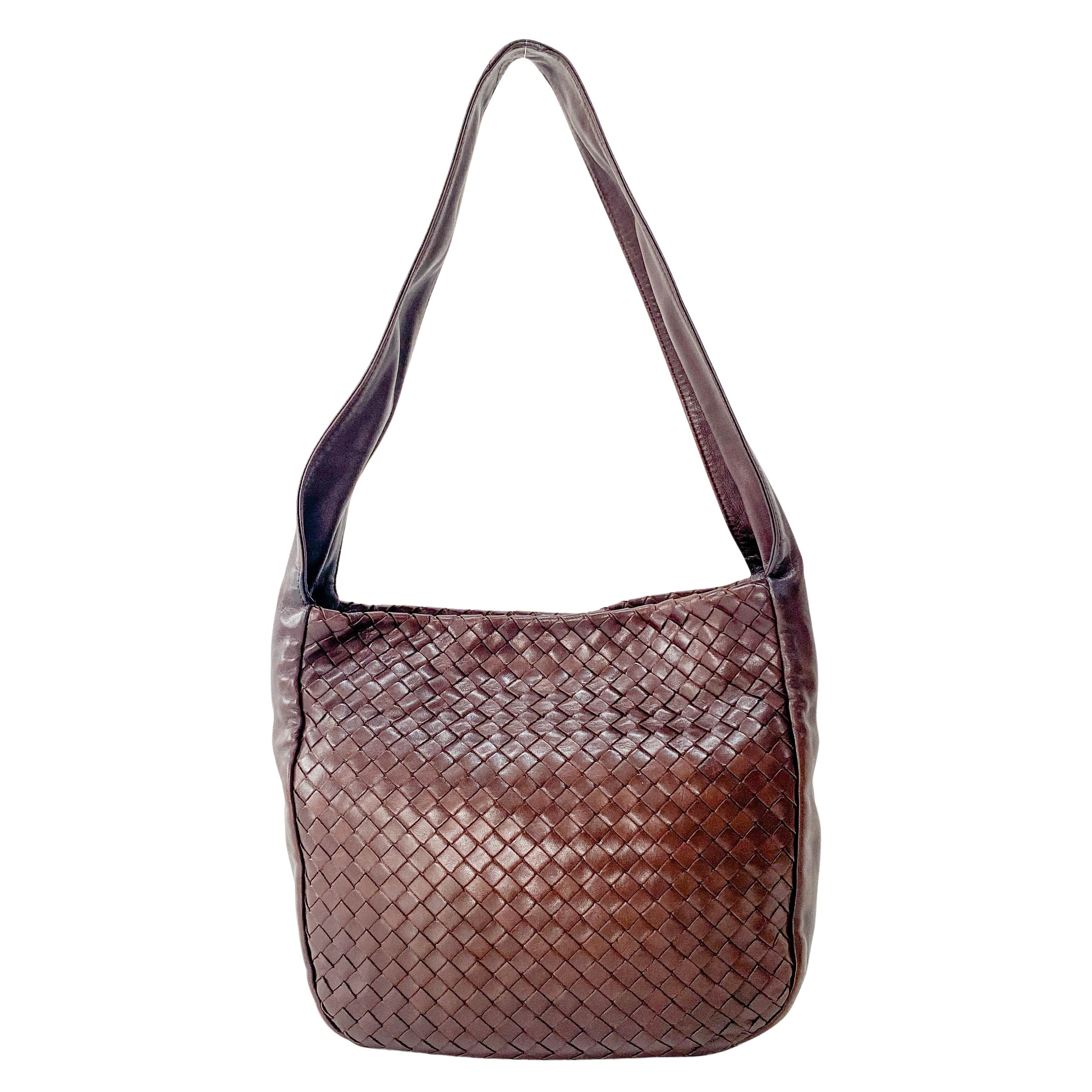 Intrecciato Brown Leather Large Strap Shoulder Bag