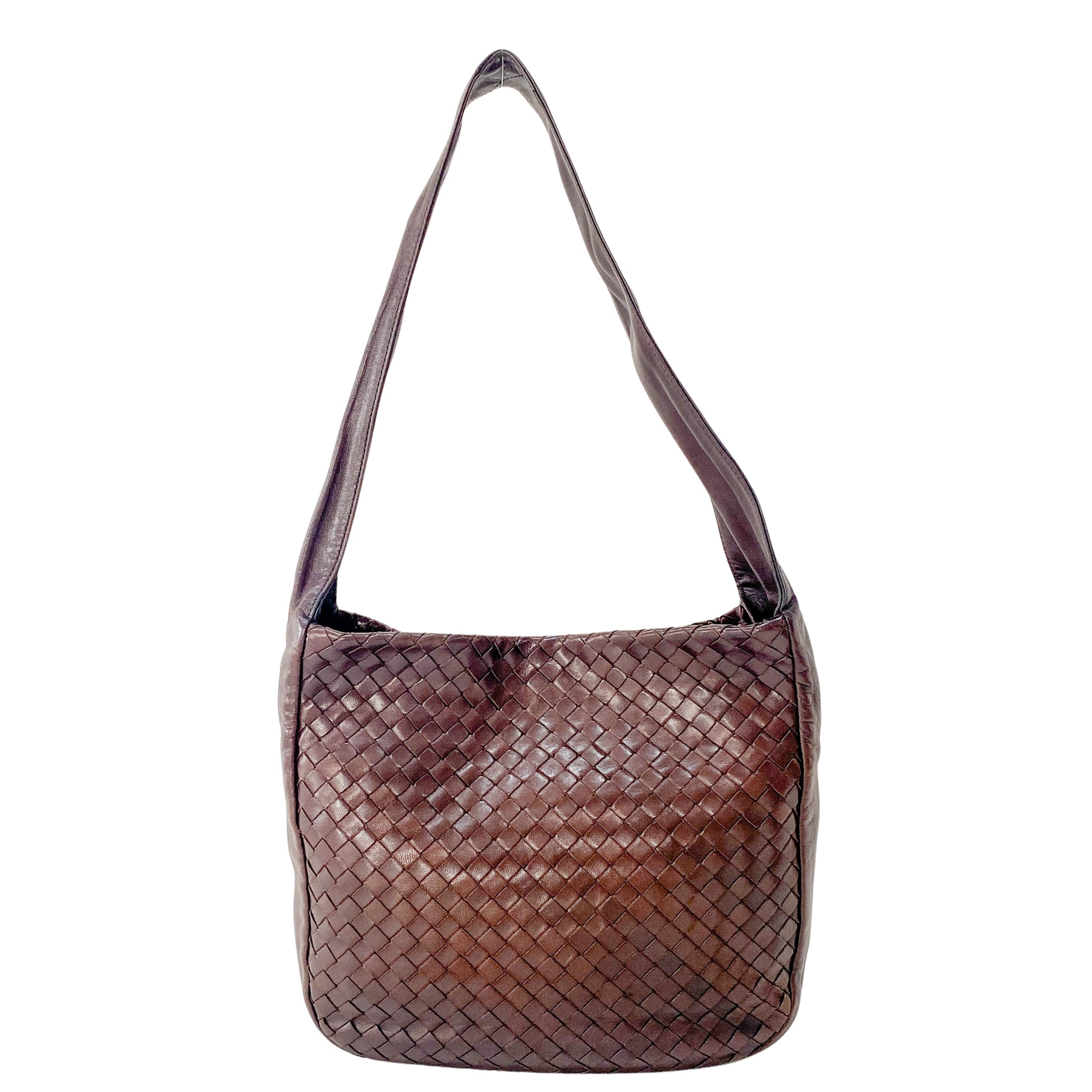 Intrecciato Brown Leather Large Strap Shoulder Bag