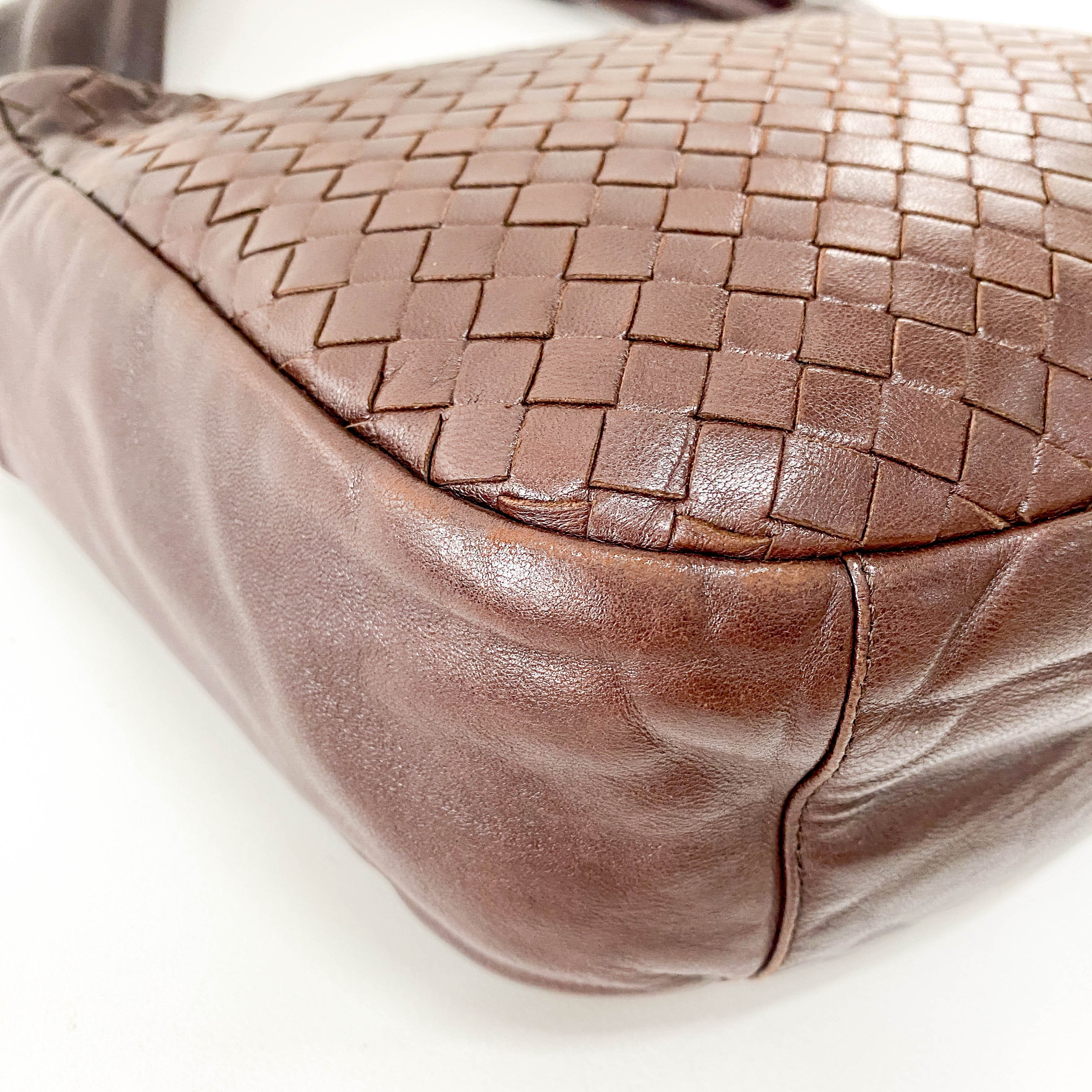Intrecciato Brown Leather Large Strap Shoulder Bag