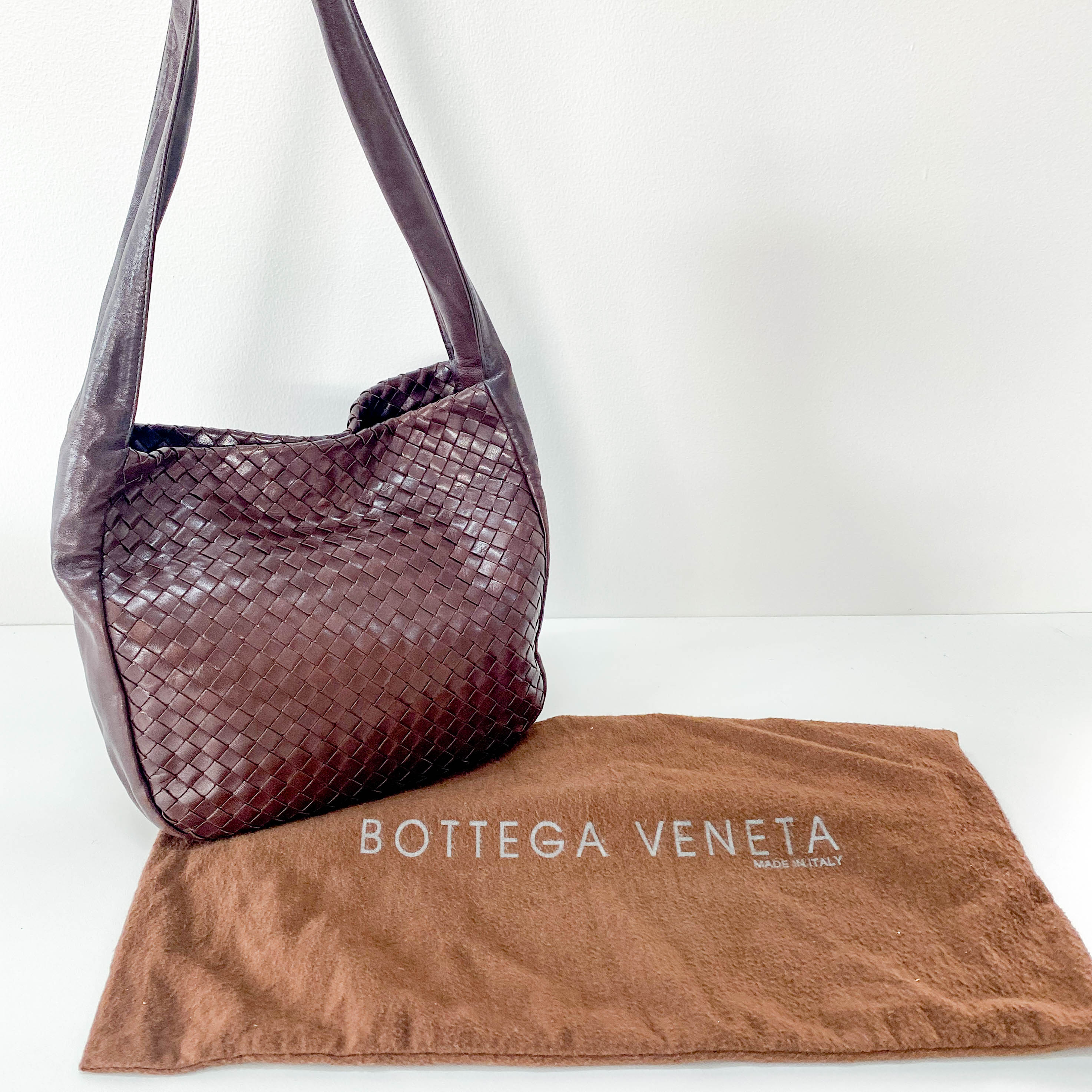 Intrecciato Brown Leather Large Strap Shoulder Bag