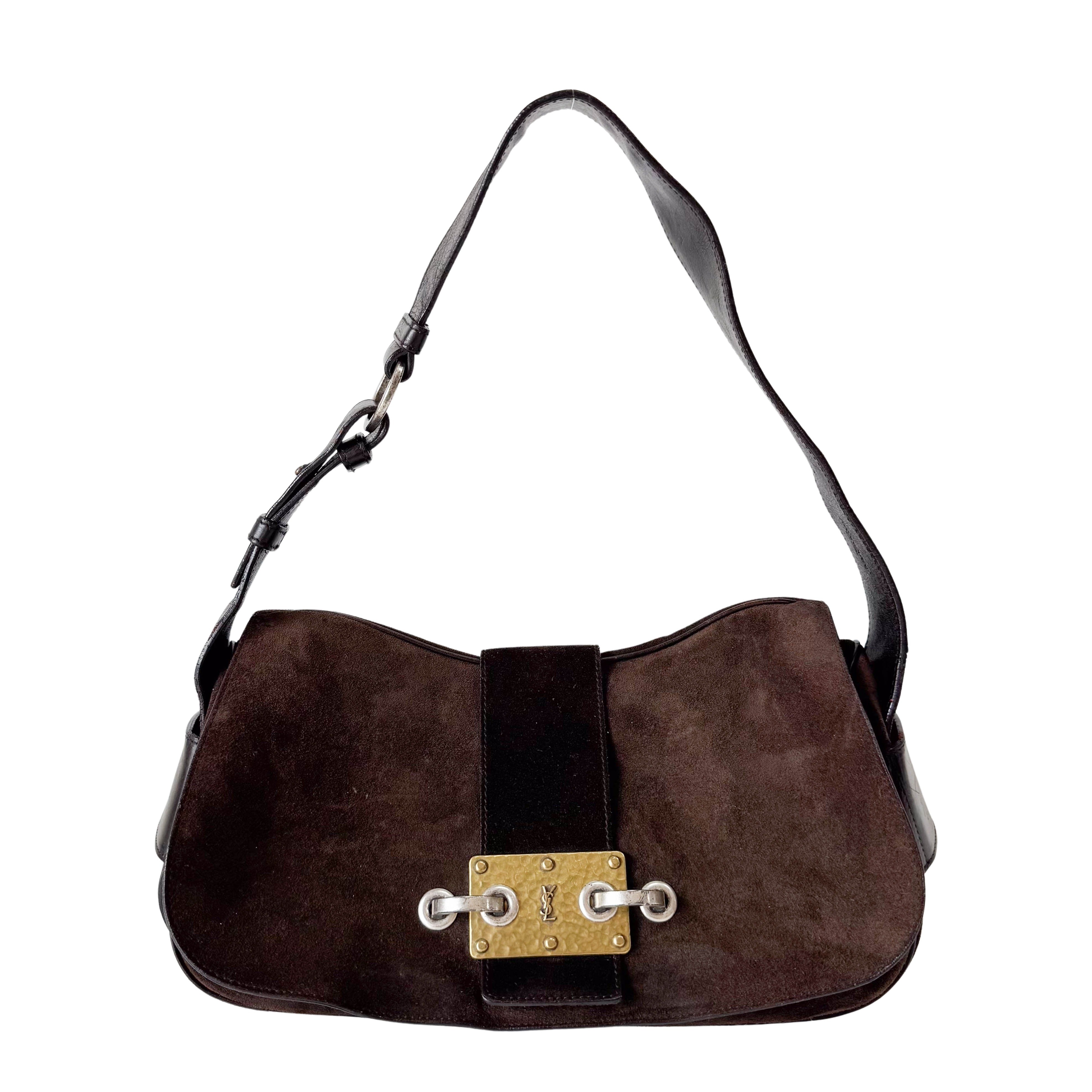 Brown Suede Gold and Silver Metal Plate Detail Bag