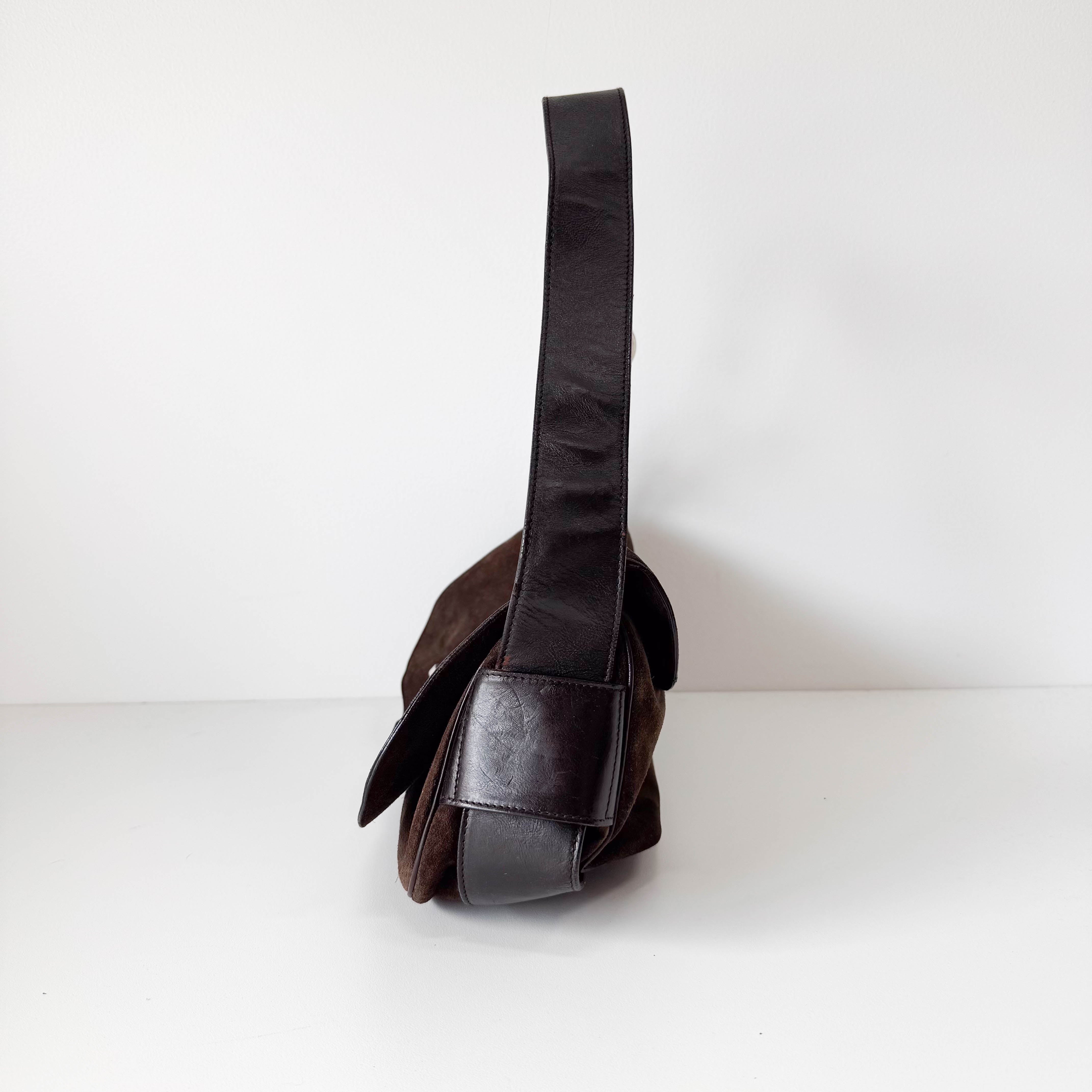 Brown Suede Gold and Silver Metal Plate Detail Bag