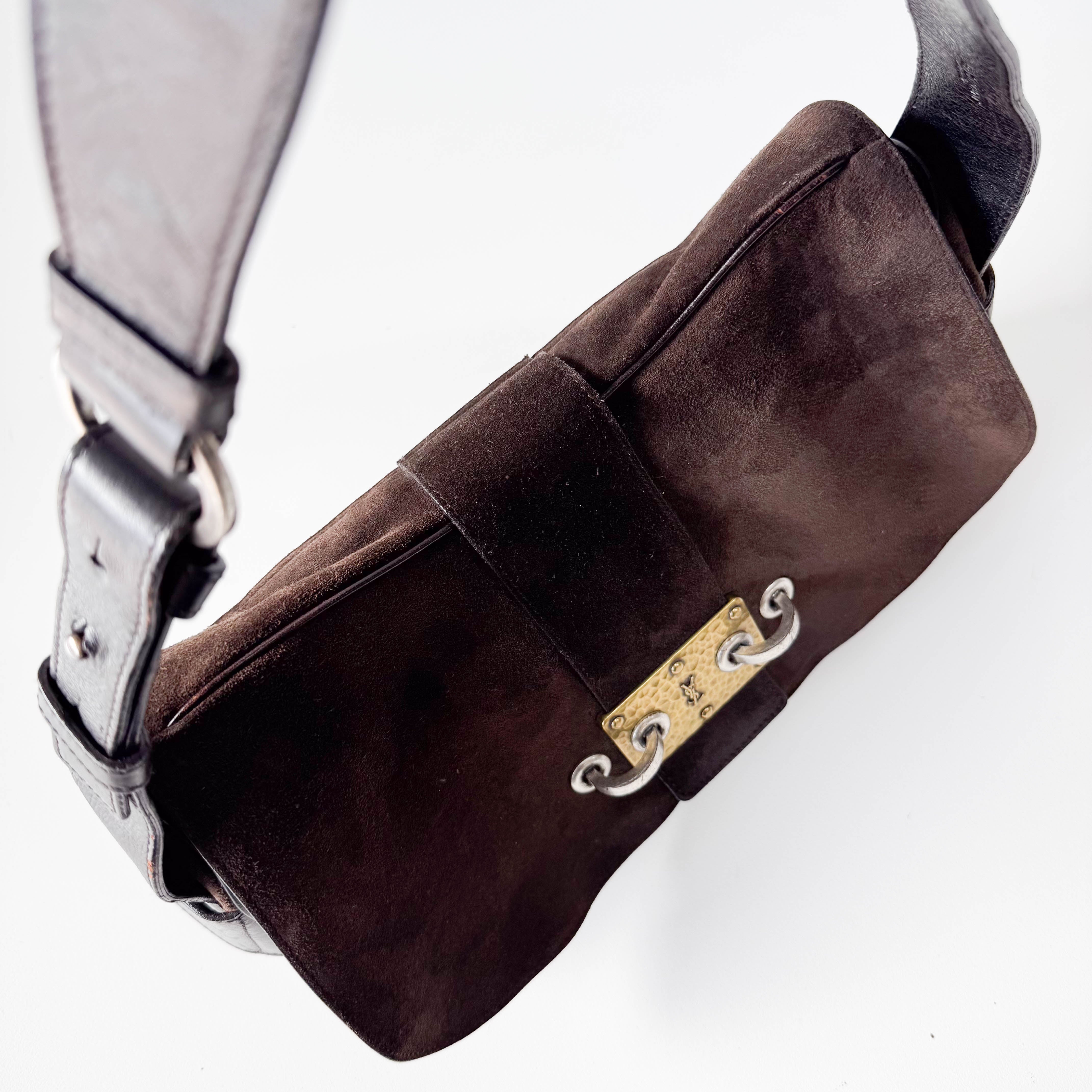 Brown Suede Gold and Silver Metal Plate Detail Bag
