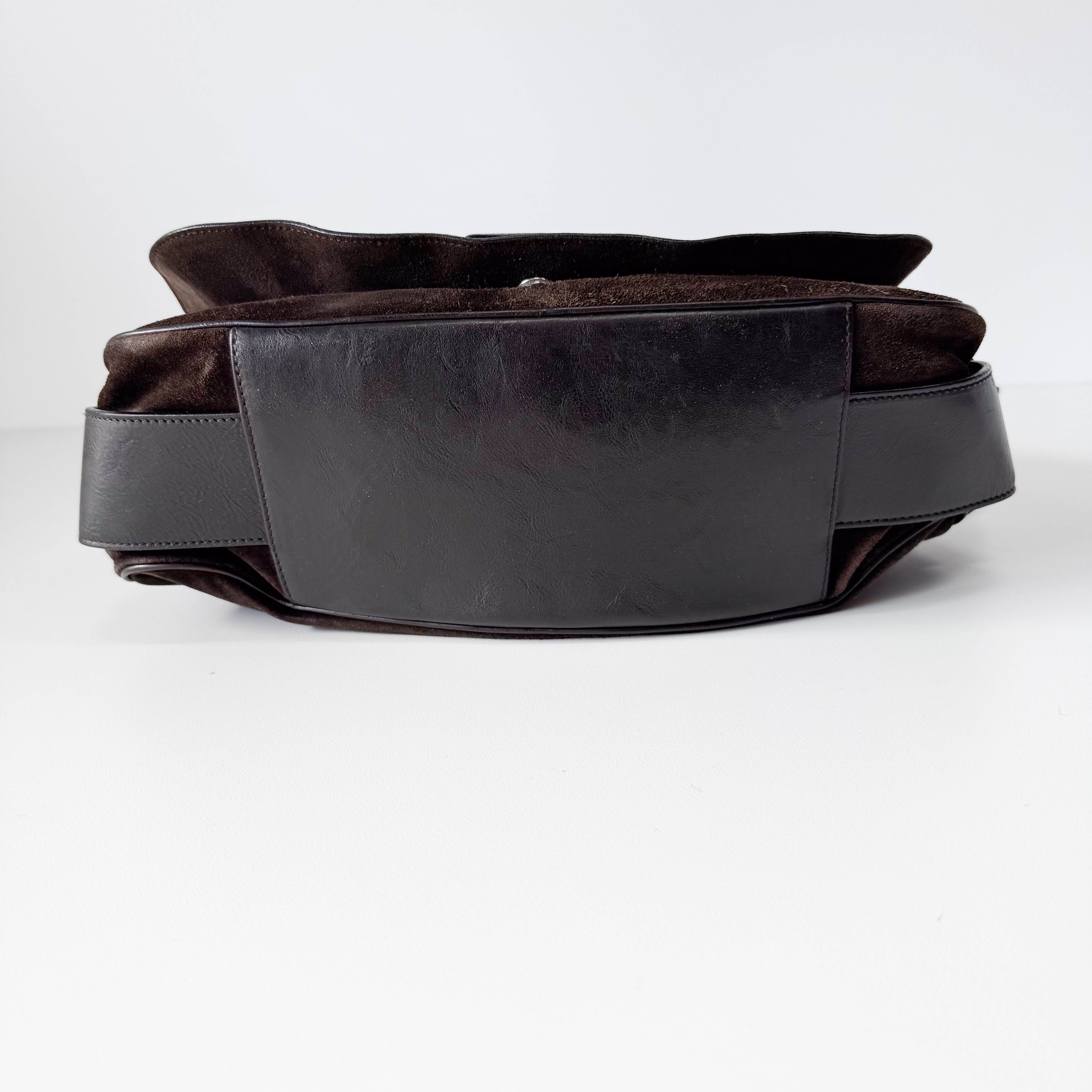 Brown Suede Gold and Silver Metal Plate Detail Bag