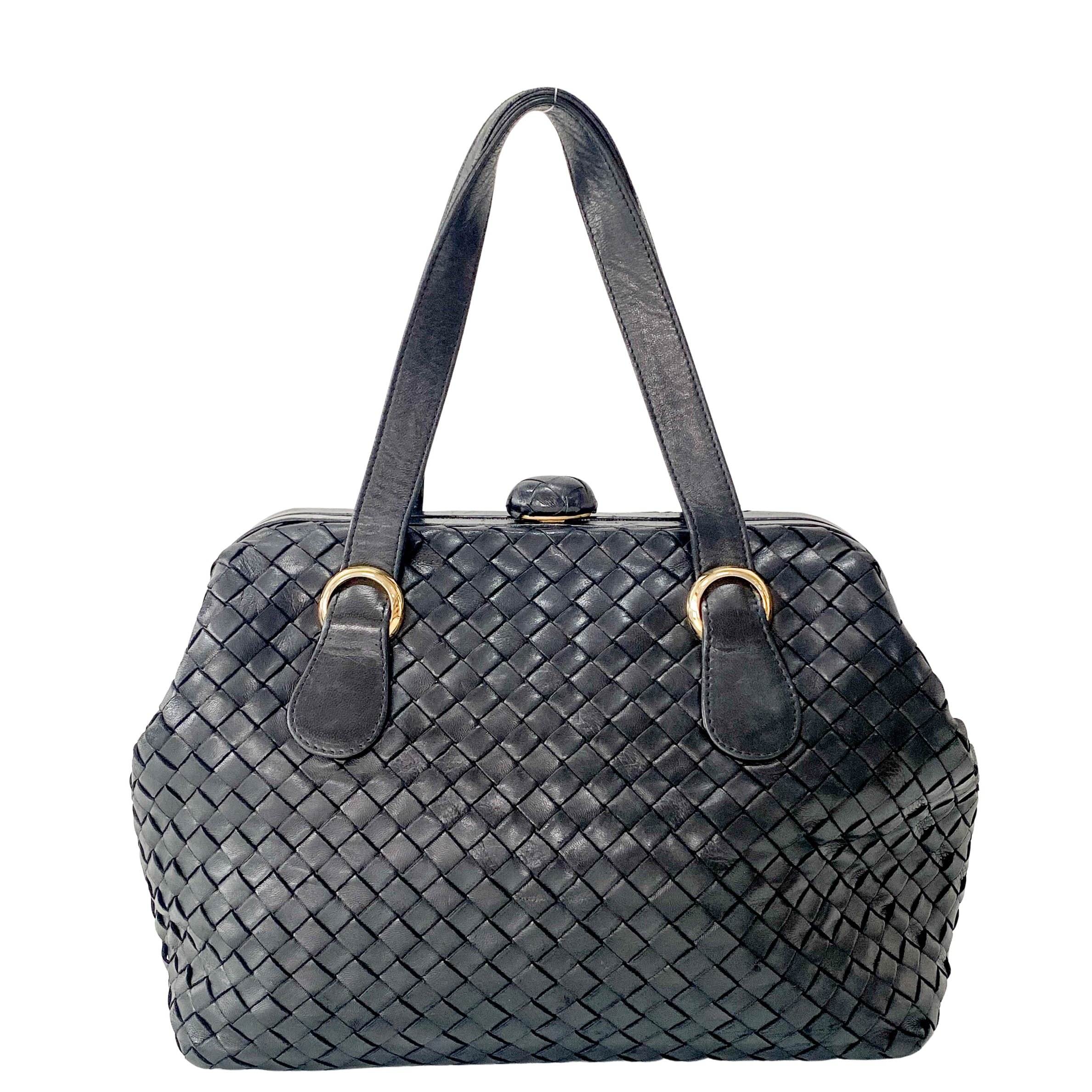 Intrecciato Black Leather Top Handle Bag