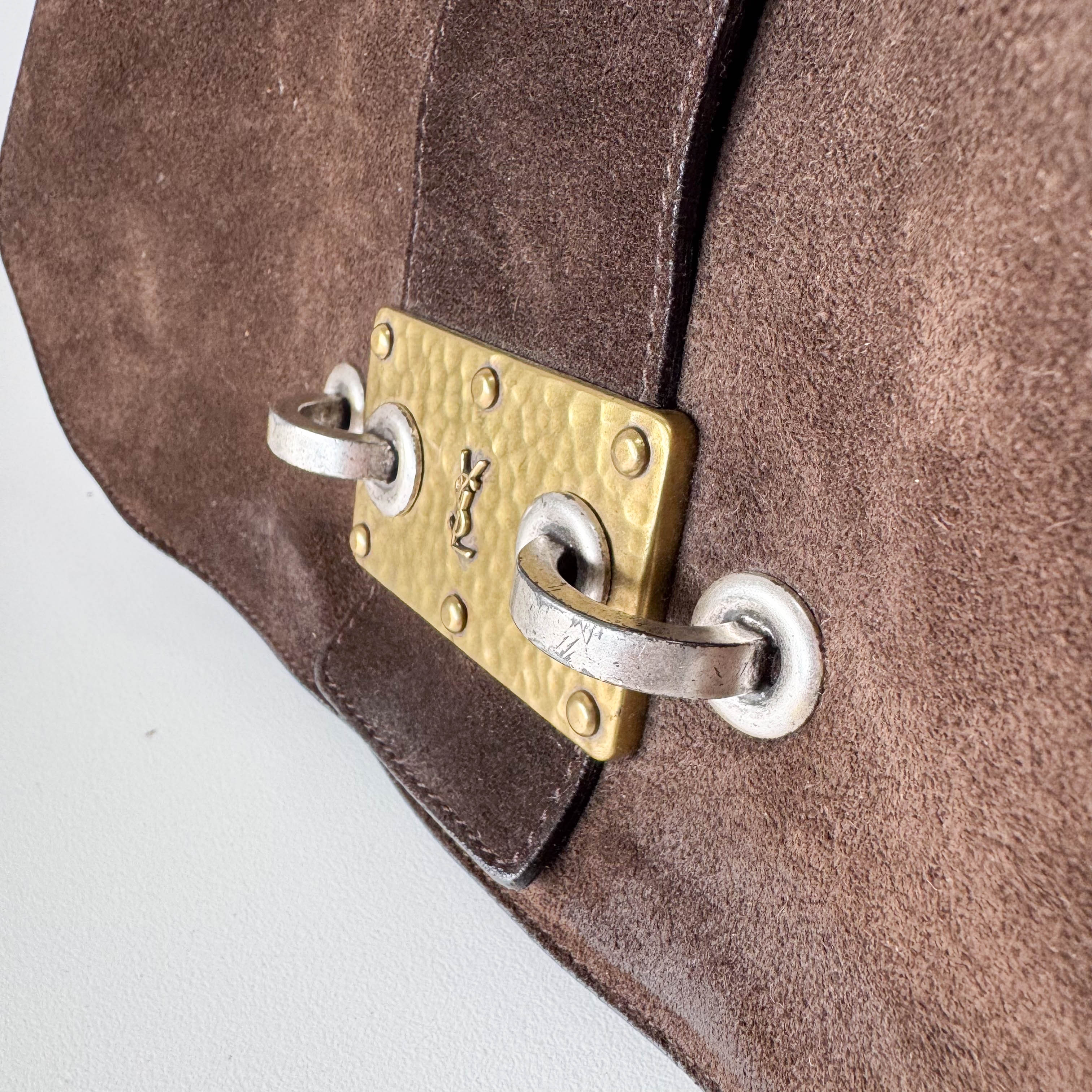 Brown Suede Gold and Silver Metal Plate Detail Bag