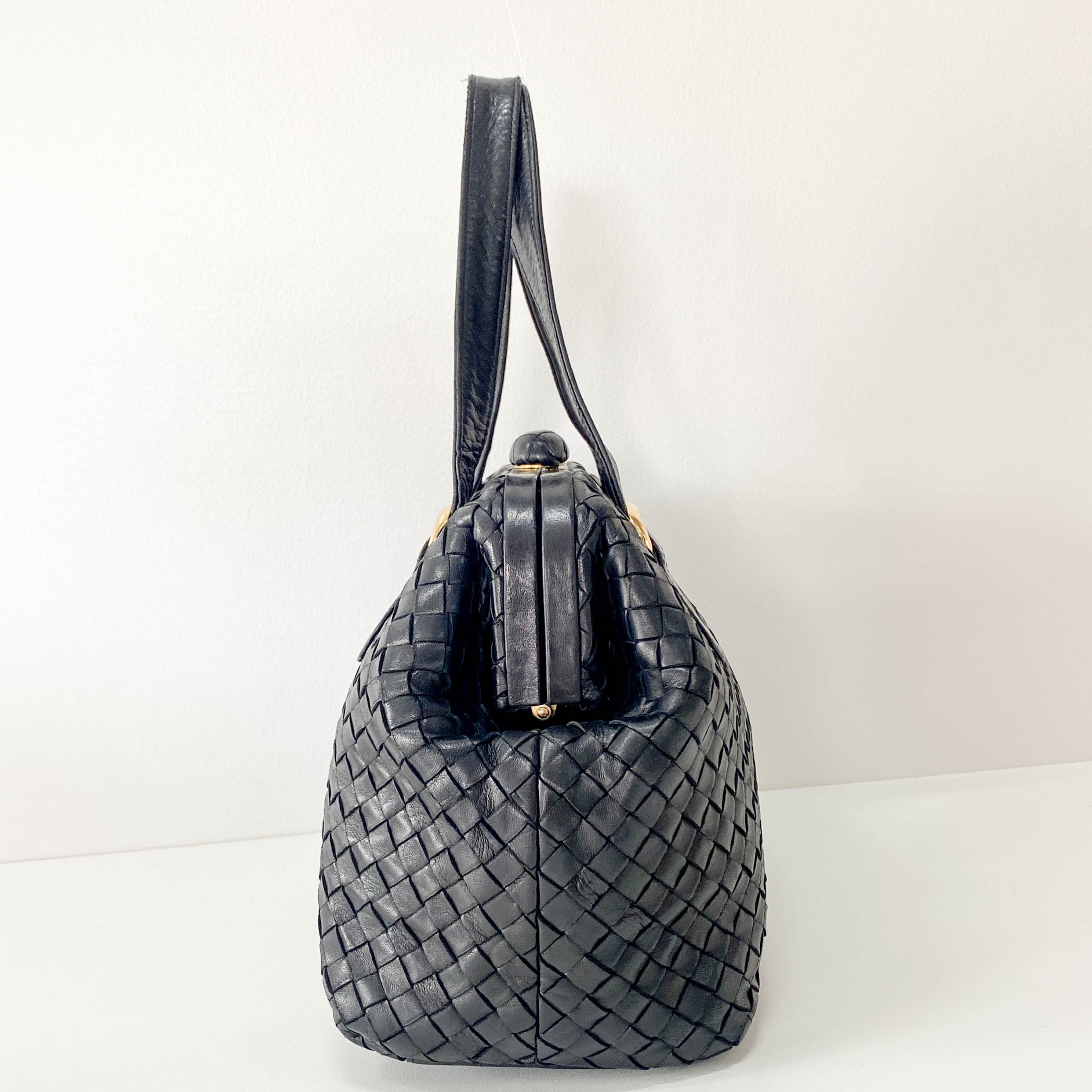 Intrecciato Black Leather Top Handle Bag