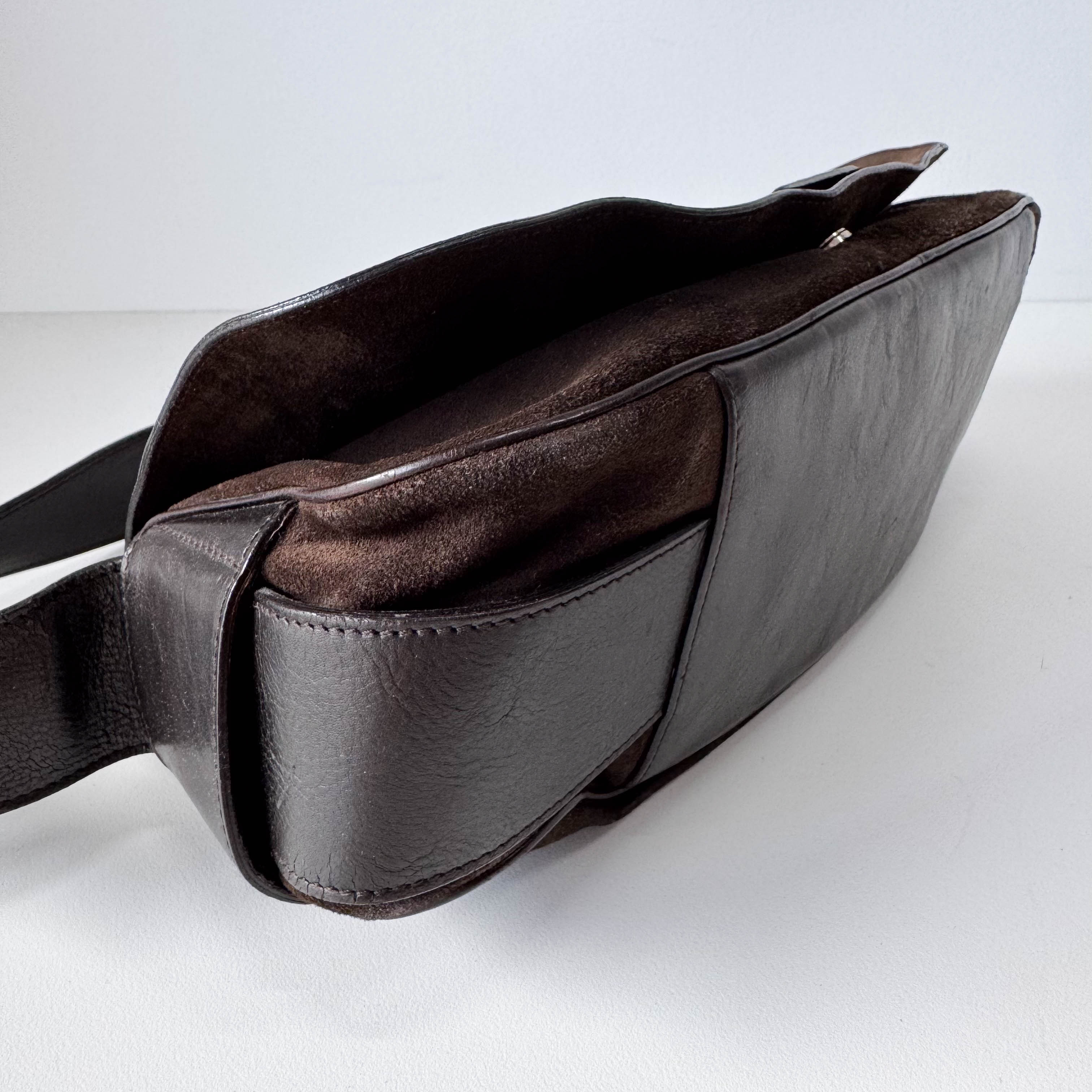 Brown Suede Gold and Silver Metal Plate Detail Bag