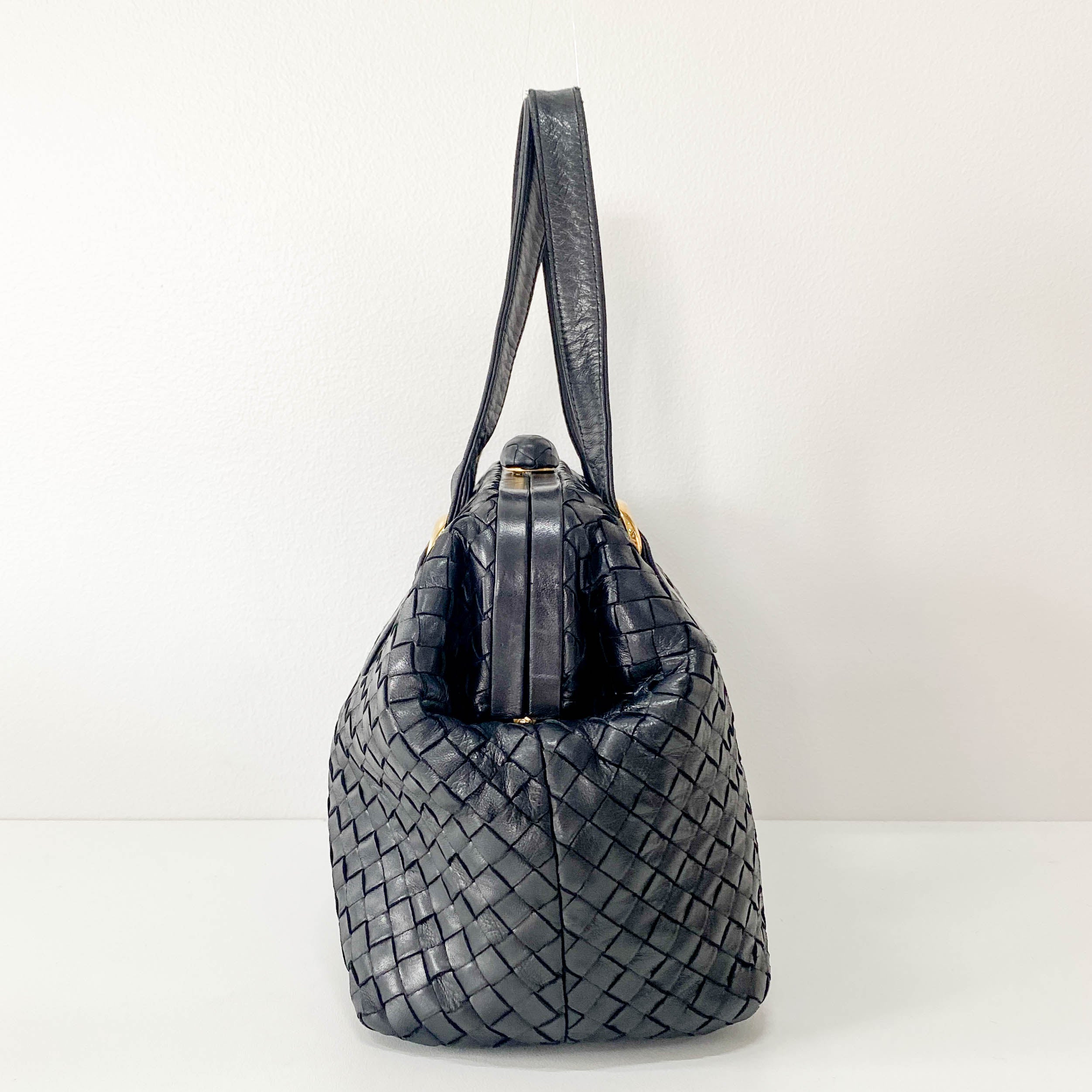 Intrecciato Black Leather Top Handle Bag