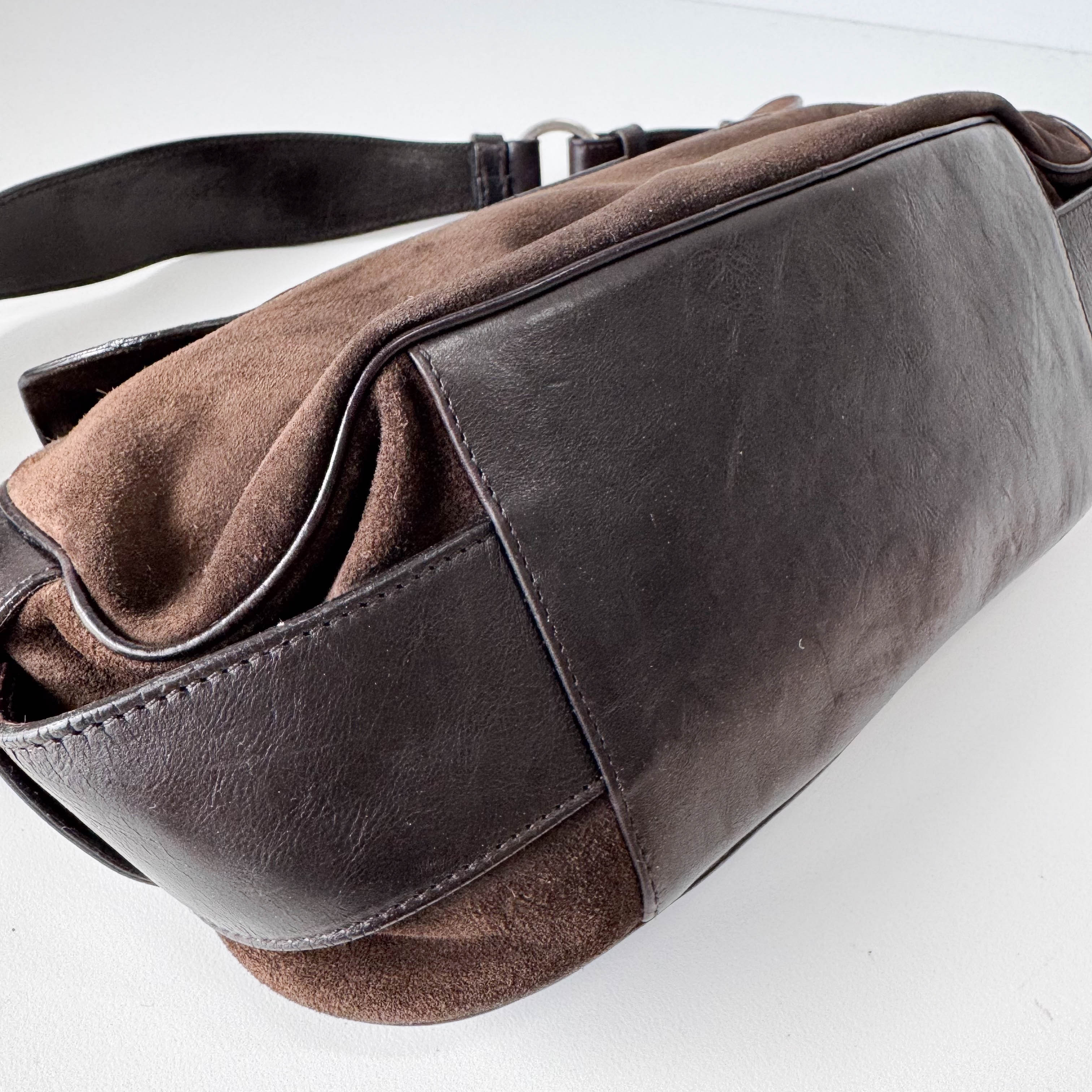 Brown Suede Gold and Silver Metal Plate Detail Bag