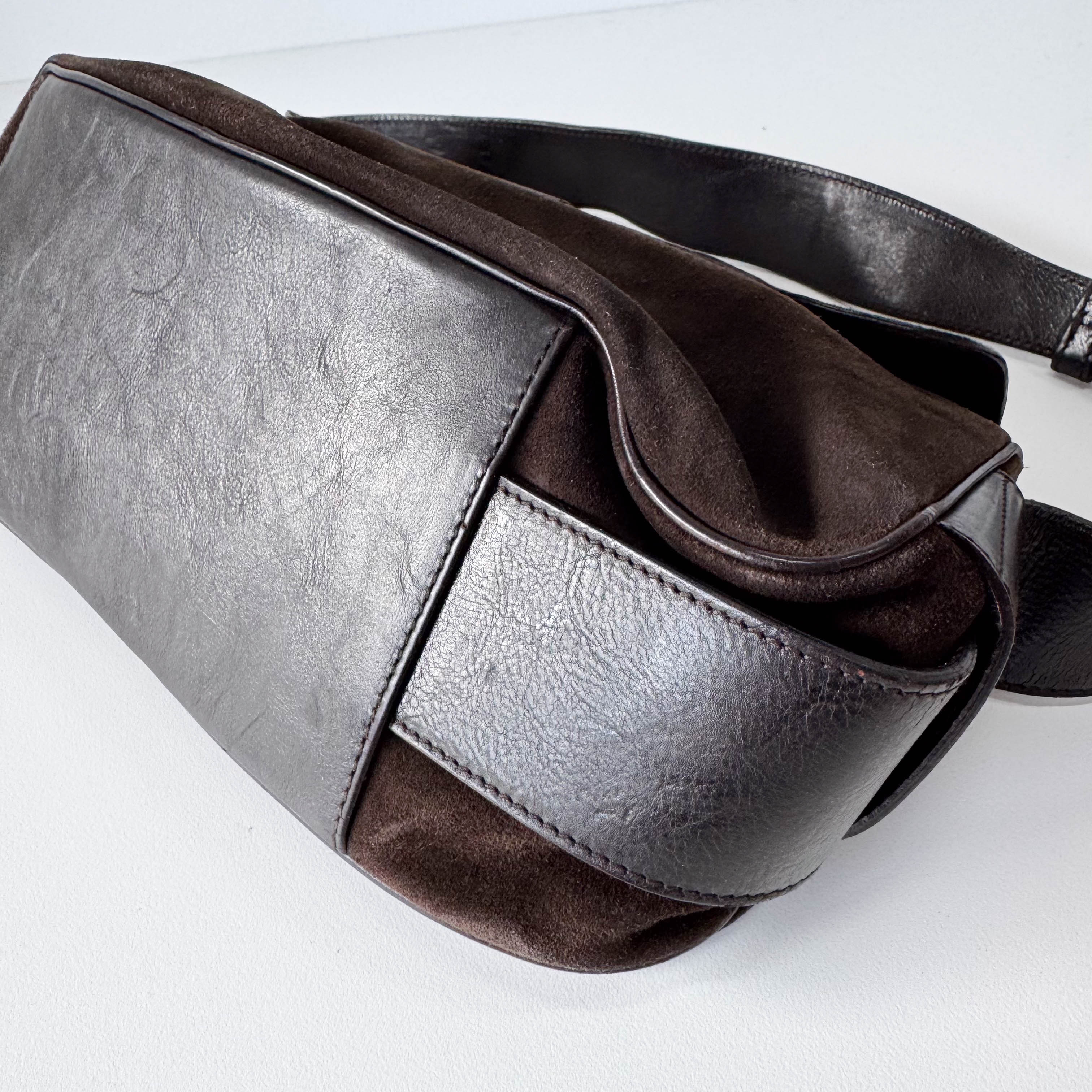 Brown Suede Gold and Silver Metal Plate Detail Bag